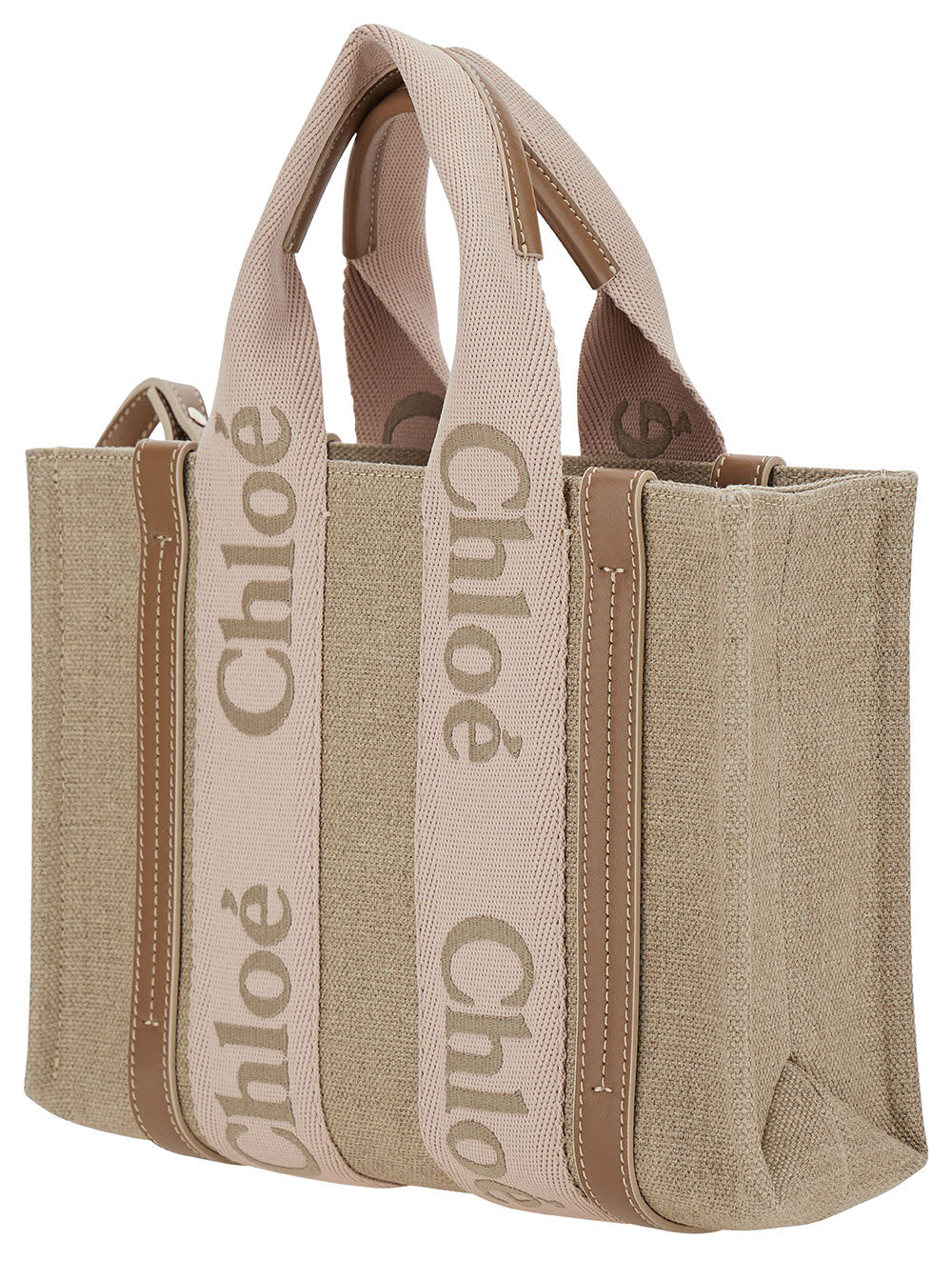Chloé Women Tote Bag 'Woody Piccola' With Linen Logo Detail Beige Woman