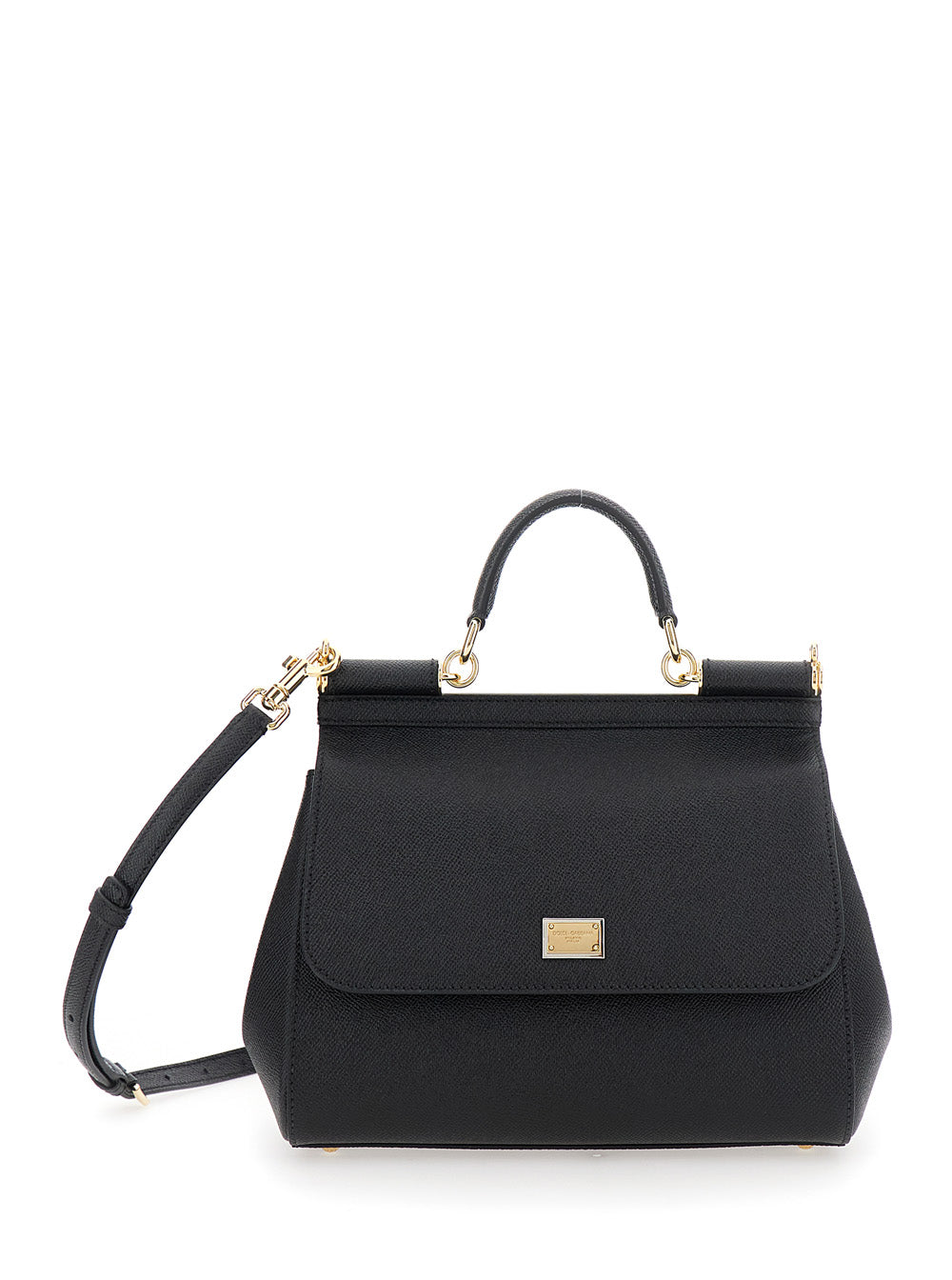 Dolce & Gabbana Women Handbag 'Sicily' Medium With Logo Plate On Front In Grained Black Leather Woman