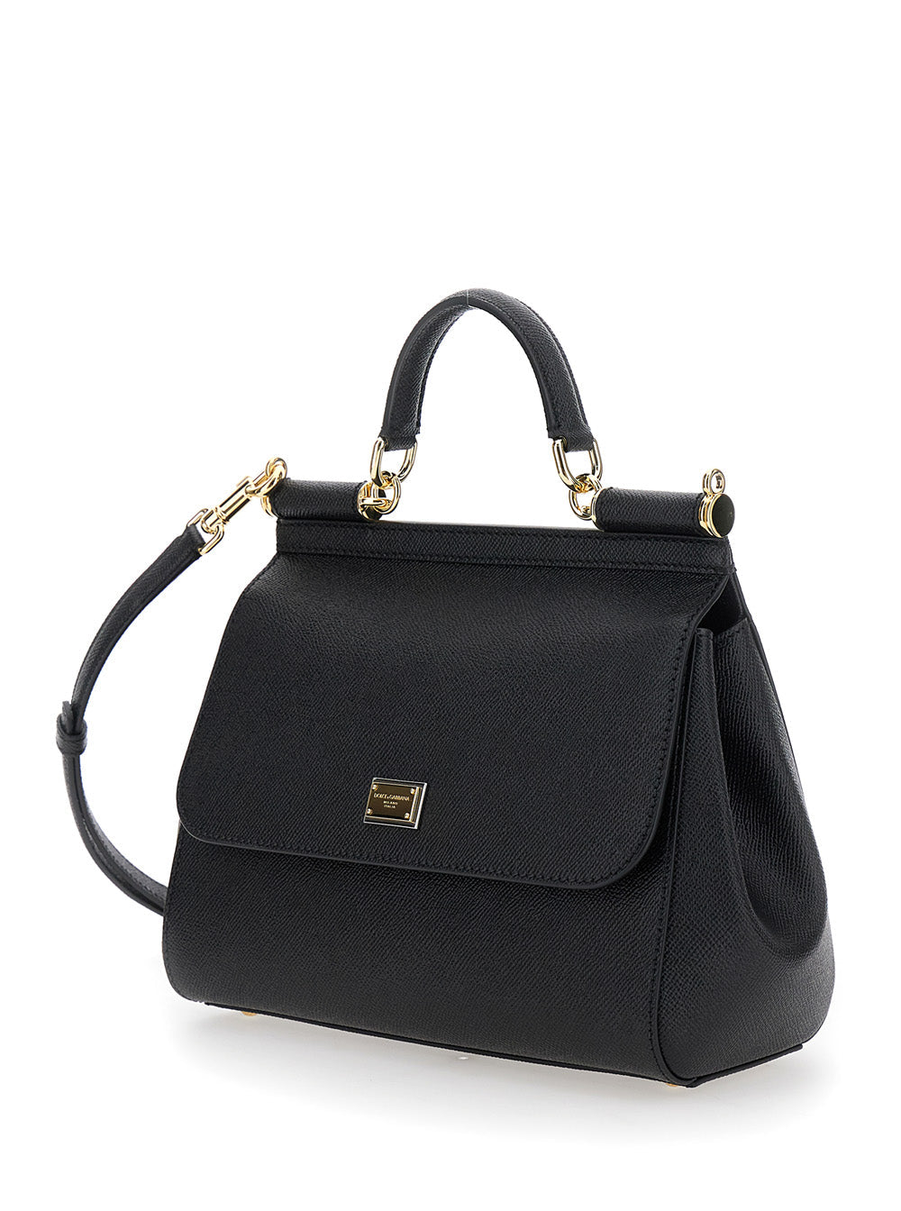 Dolce & Gabbana Women Handbag 'Sicily' Medium With Logo Plate On Front In Grained Black Leather Woman