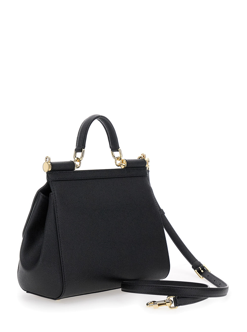 Dolce & Gabbana Women Handbag 'Sicily' Medium With Logo Plate On Front In Grained Black Leather Woman