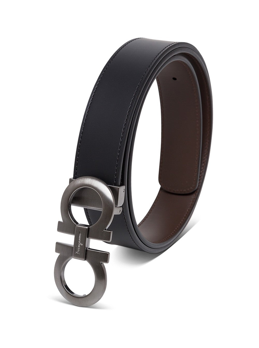 Ferragamo Men Bicolor Leather Belt With Gancini Buckle On The Front In Black And Brown For Men