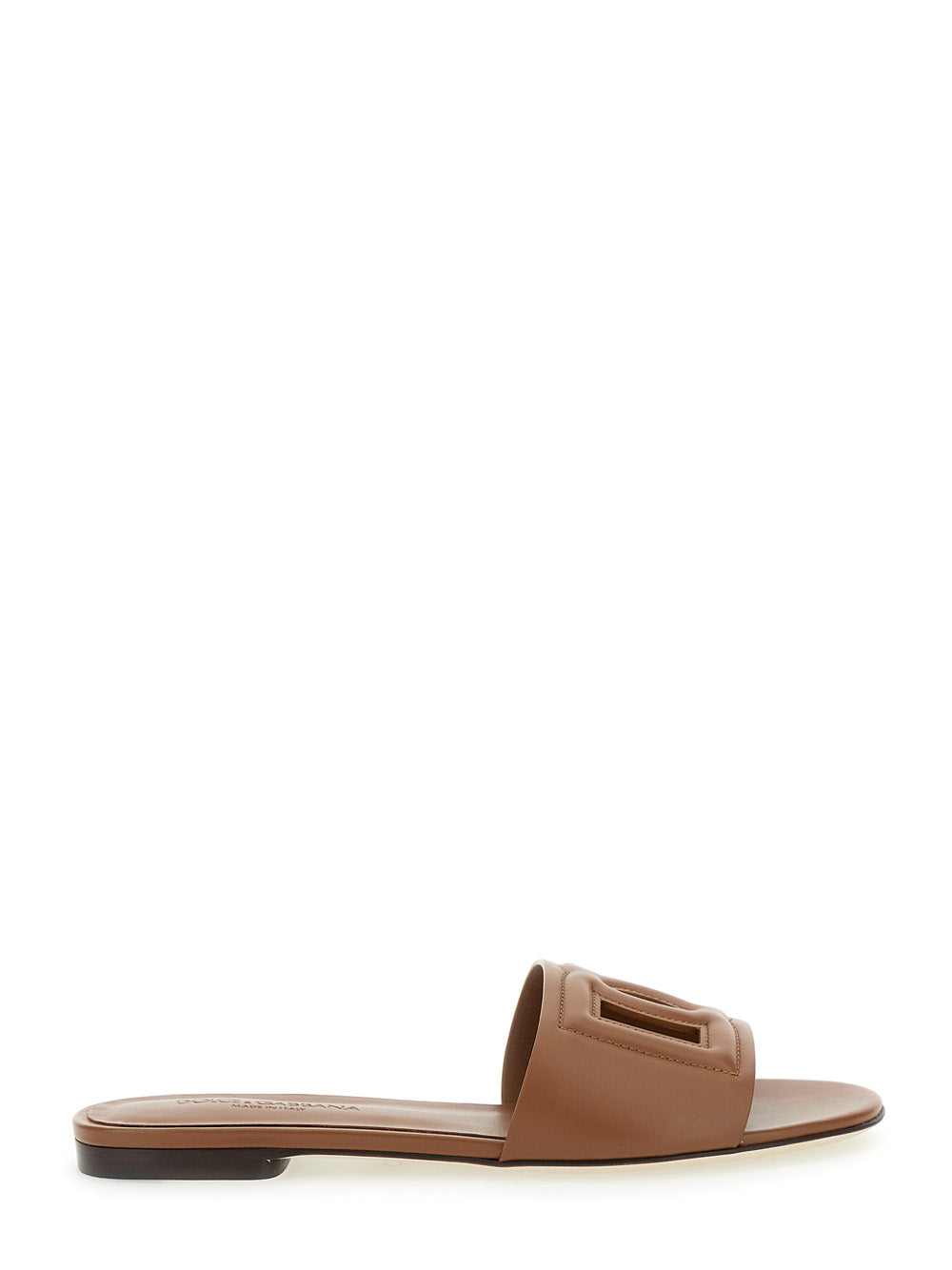 Dolce & Gabbana Women Brown Leather Cut Out Logo Slide Sandal 'Cq0436' For Women