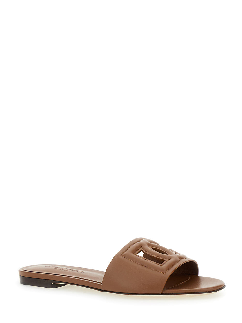 Dolce & Gabbana Women Brown Leather Cut Out Logo Slide Sandal 'Cq0436' For Women