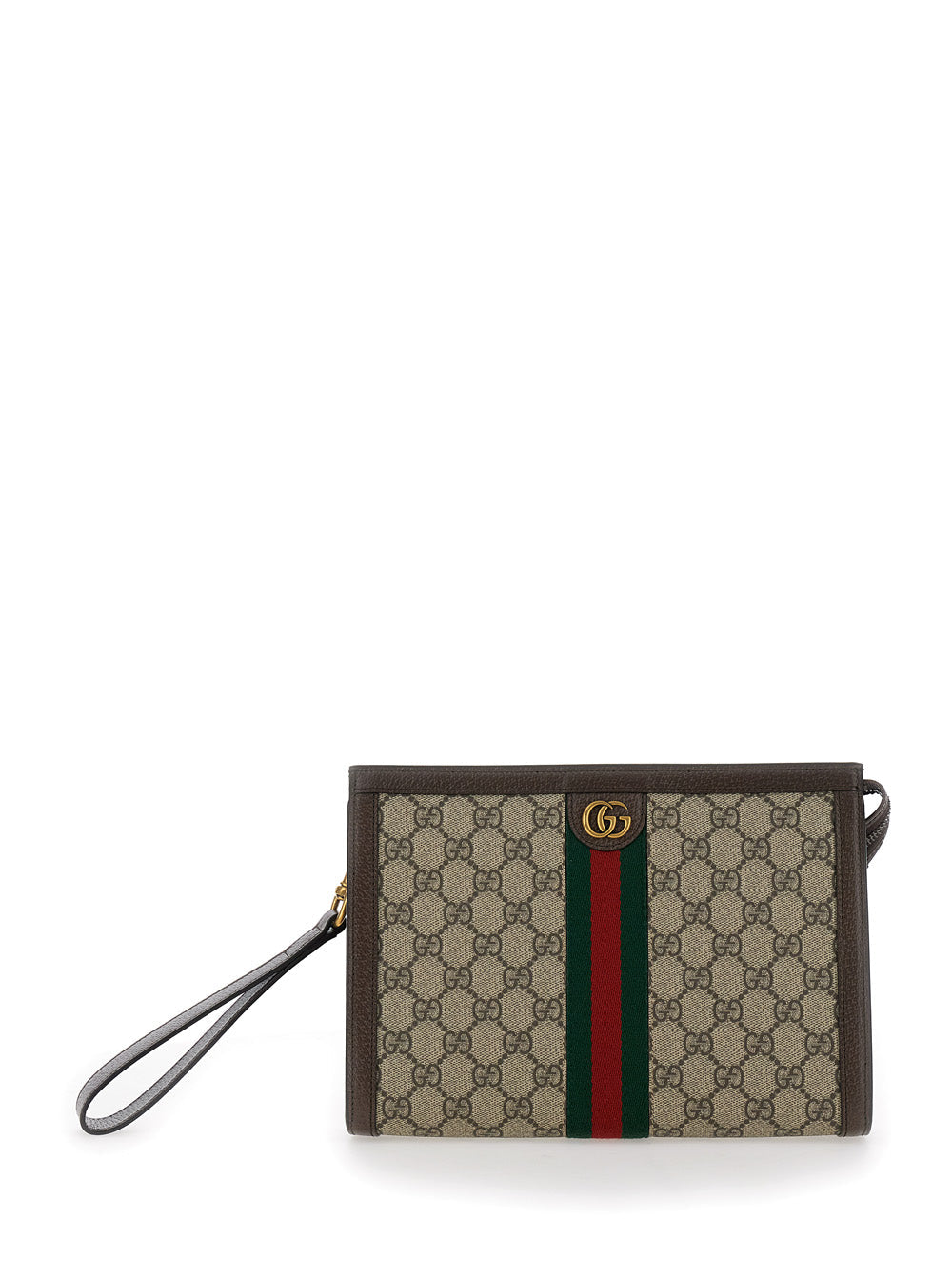 Gucci Men Pouch With Wrist Strap And Gg Plate With Web Detail On The Front In Gg Supreme Fabric Beige Men