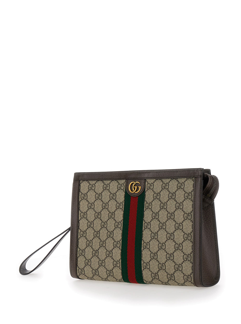 Gucci Men Pouch With Wrist Strap And Gg Plate With Web Detail On The Front In Gg Supreme Fabric Beige Men