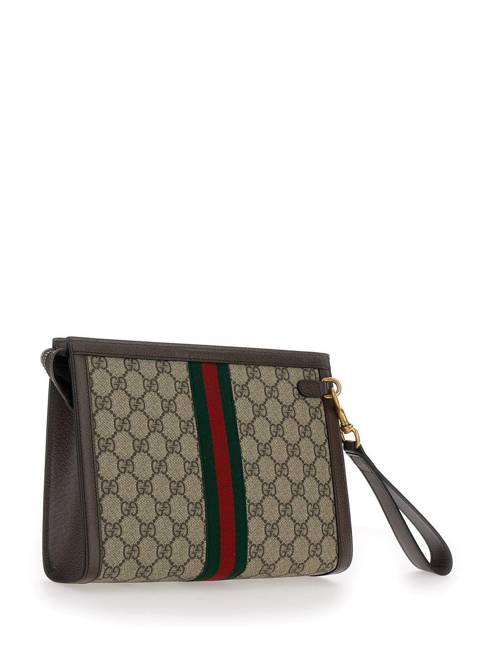 Gucci Men Pouch With Wrist Strap And Gg Plate With Web Detail On The Front In Gg Supreme Fabric Beige Men
