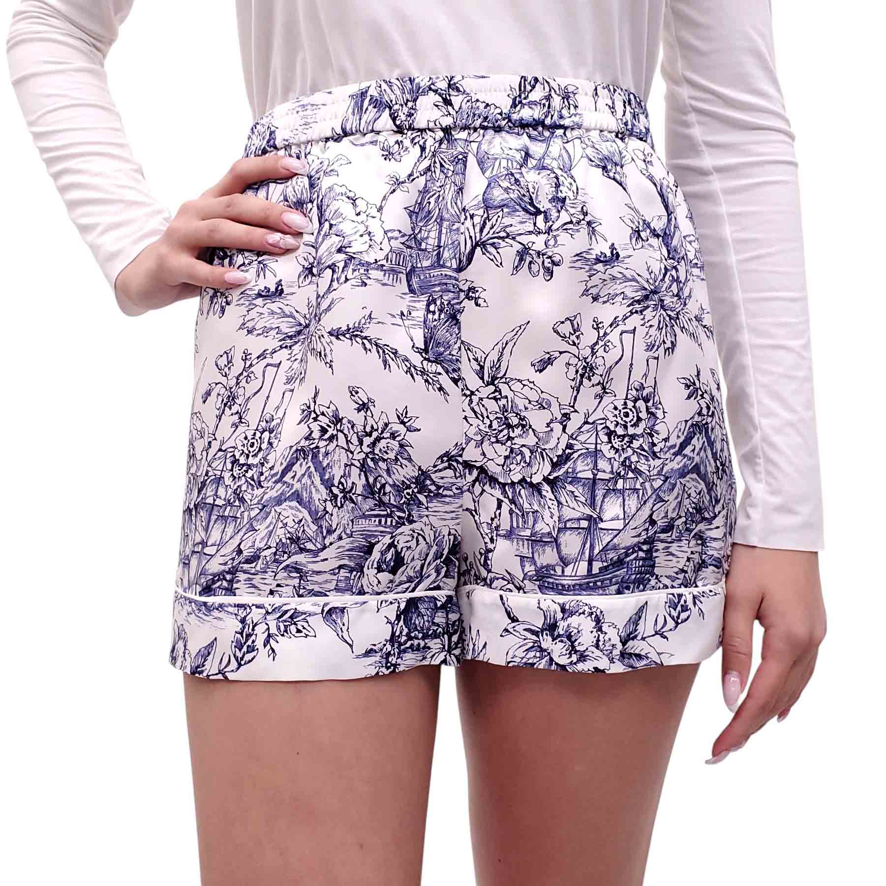 CHRISTIAN DIOR WHITE AND BLUE PATTERNED SILK SHORTS - SIZE 2