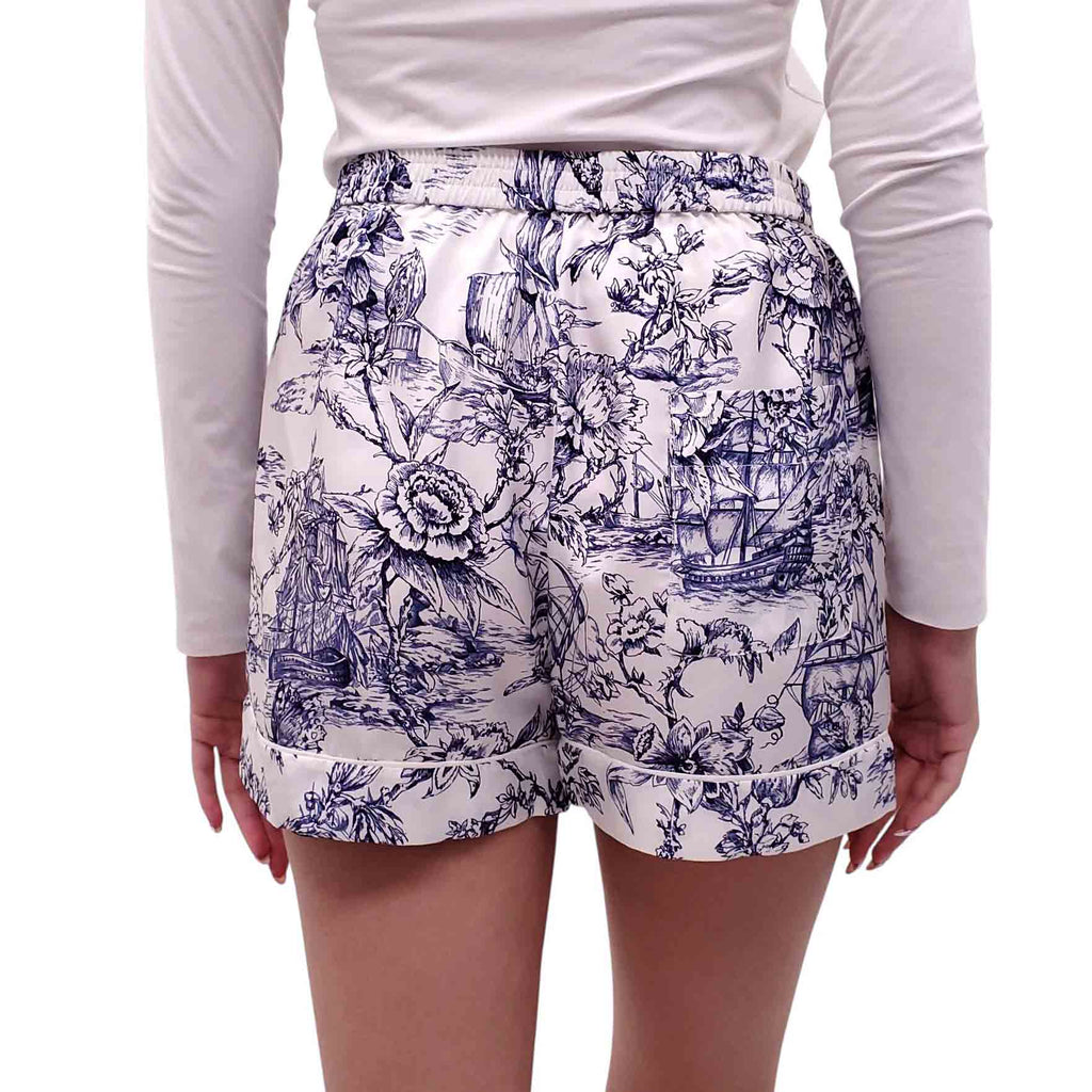 CHRISTIAN DIOR WHITE AND BLUE PATTERNED SILK SHORTS - SIZE 2