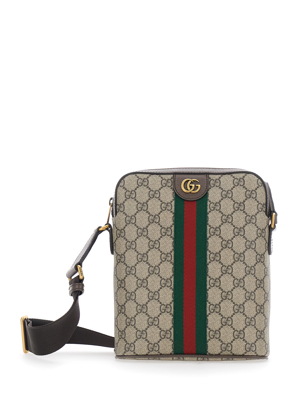 Gucci Men Crossbody Bag 'Ophidia Piccola' With Gg All-Over Motif And Metallic Logo On The Front In Gg Beige Fabric For Men