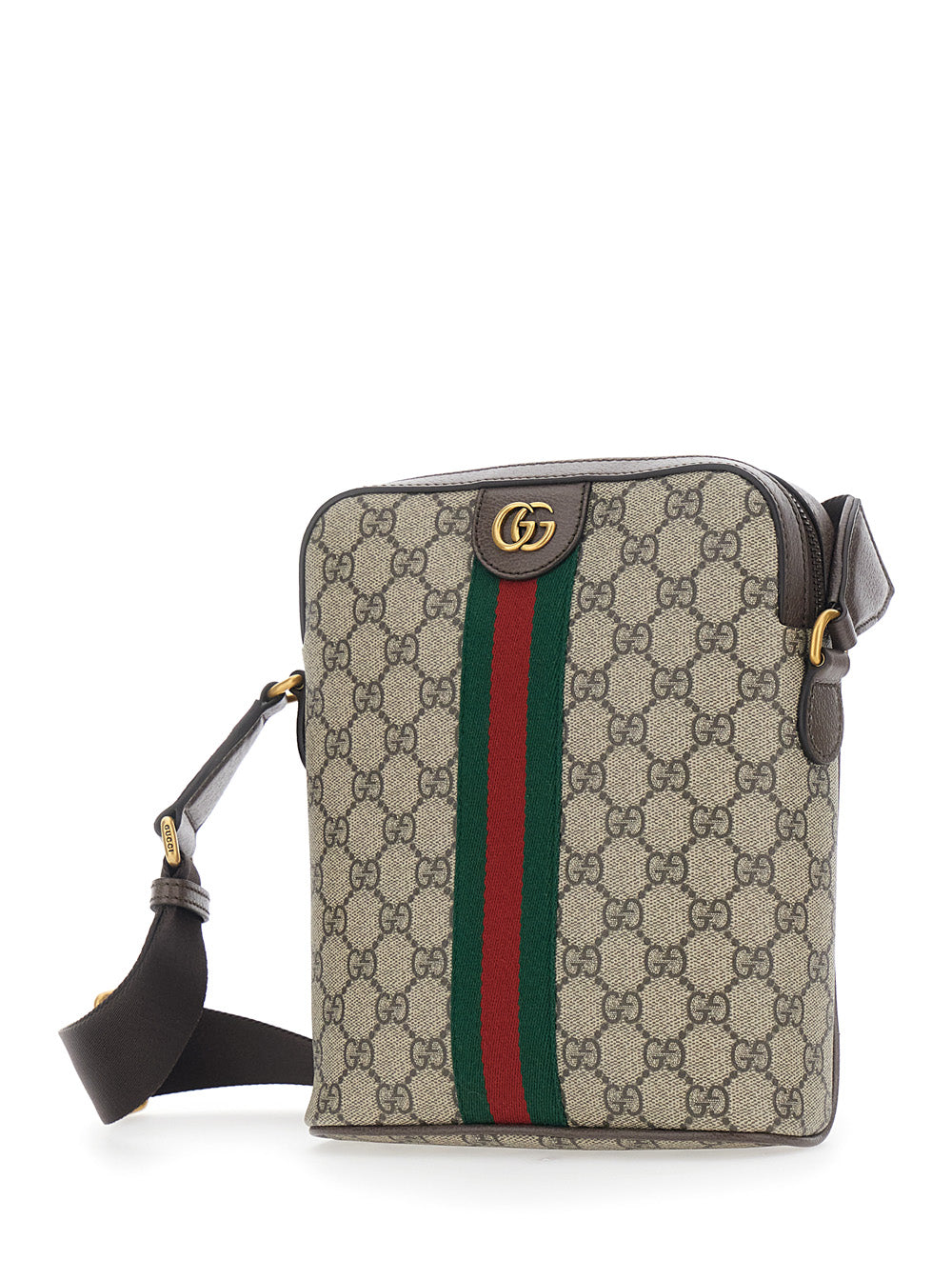 Gucci Men Crossbody Bag 'Ophidia Piccola' With Gg All-Over Motif And Metallic Logo On The Front In Gg Beige Fabric For Men