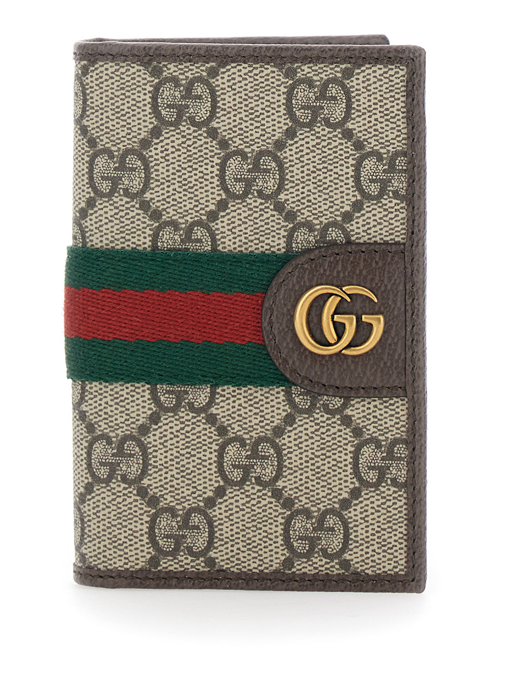 Gucci Men Wallet 'Ophidia' With Gg Plate On The Front And Web Detail On The Front In Gg Canvas And Beige Leather For Men