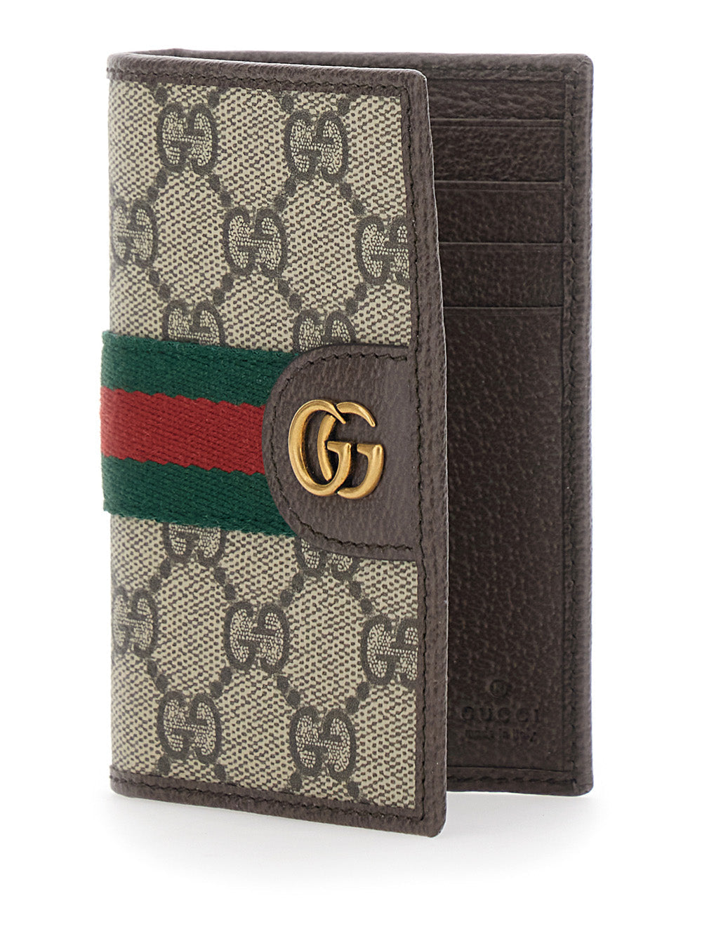 Gucci Men Wallet 'Ophidia' With Gg Plate On The Front And Web Detail On The Front In Gg Canvas And Beige Leather For Men