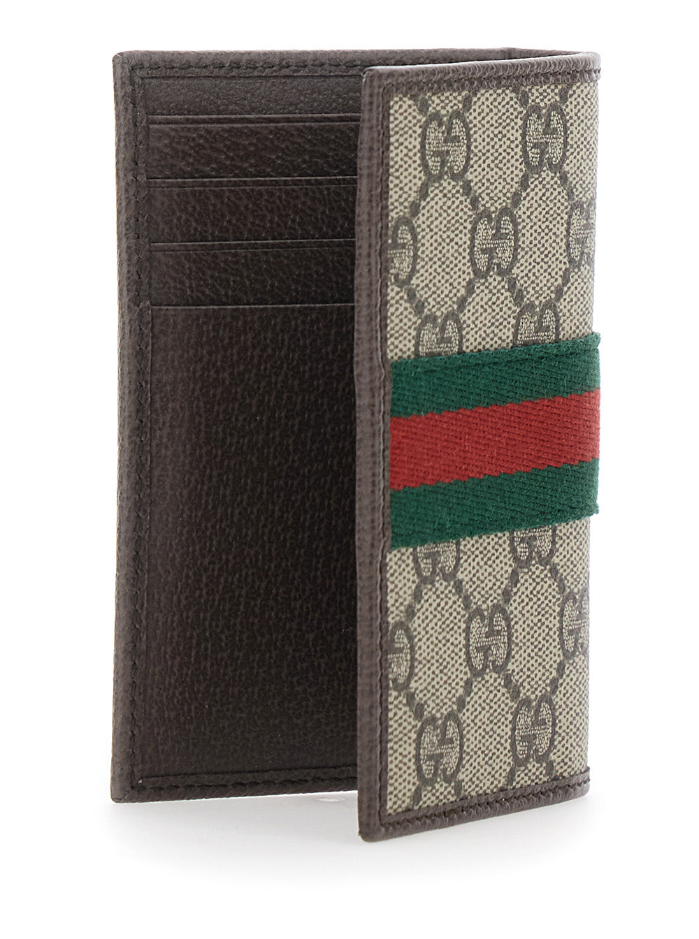 Gucci Men Wallet 'Ophidia' With Gg Plate On The Front And Web Detail On The Front In Gg Canvas And Beige Leather For Men
