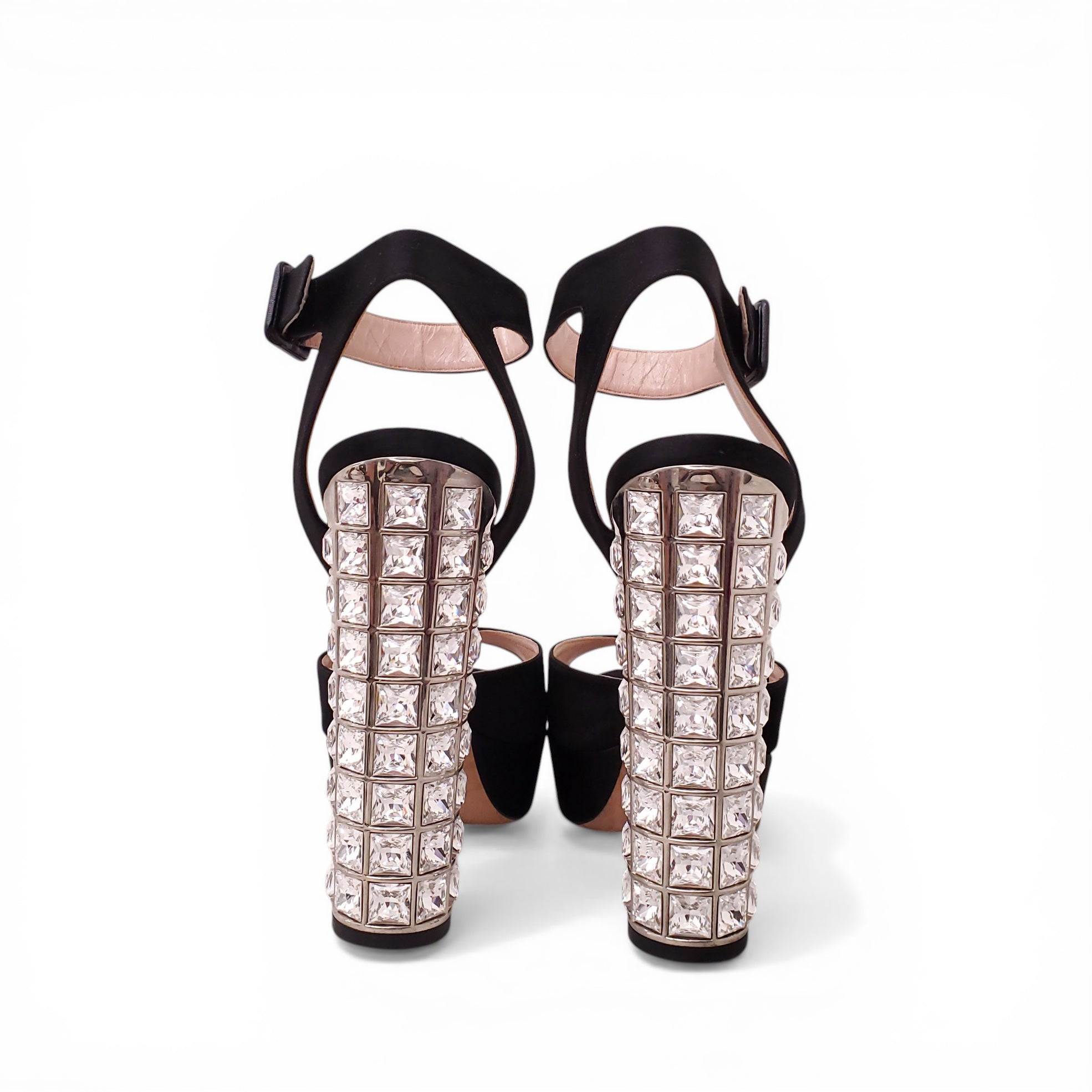 MIU MIU BLACK PEEP TOE CRYSTAL HEELS - SIZE 41