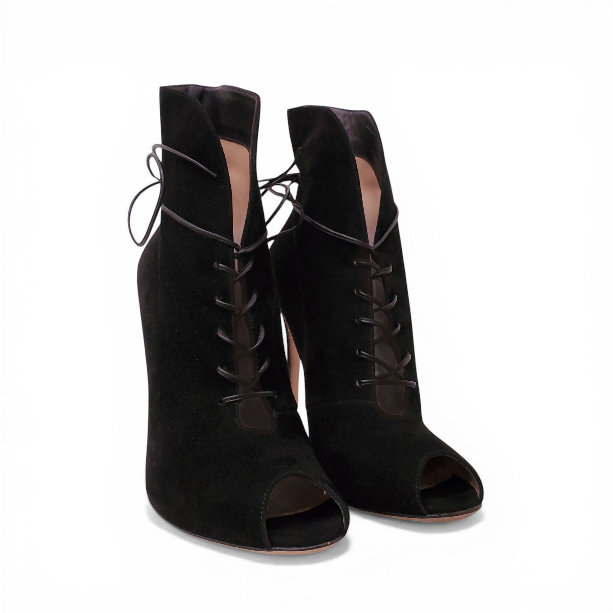 GIANVITO ROSSI BLACK SUEDE LACE UP BOOTIES - SIZE 40