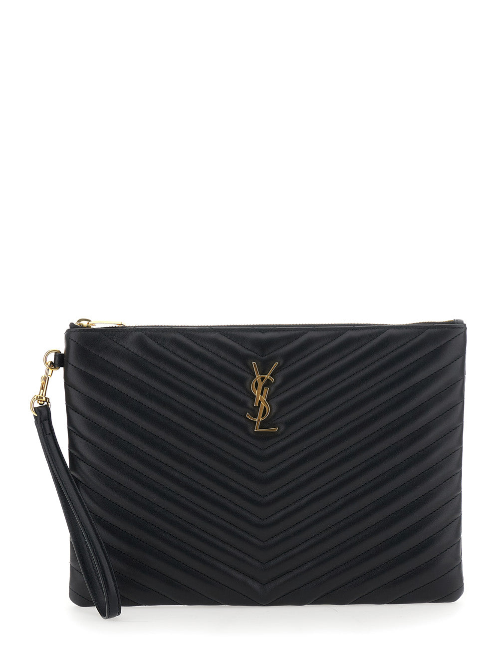 Saint Laurent Women Clutch 'Cassandre' With Removable Strap And Cassandre Plate On The Front In Black Leather For Women