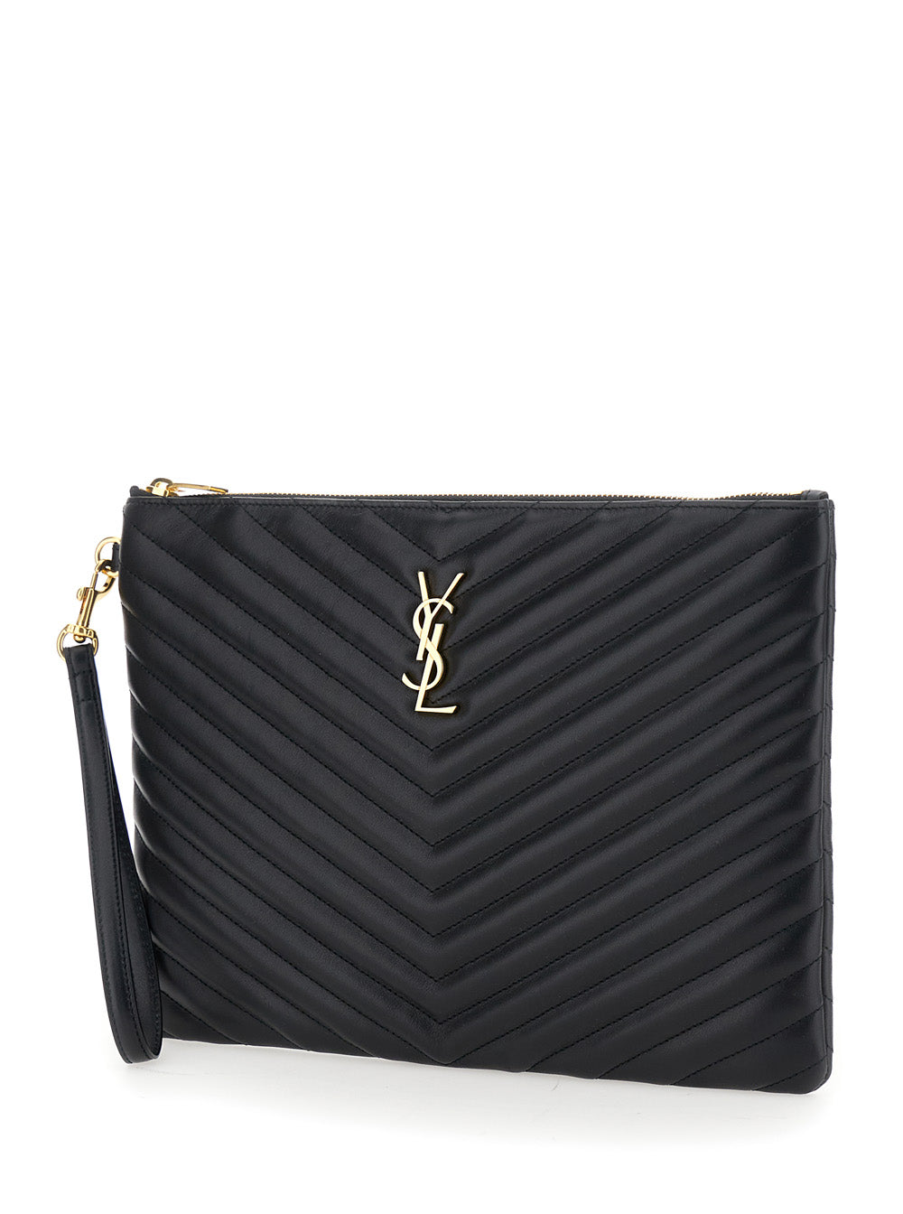 Saint Laurent Women Clutch 'Cassandre' With Removable Strap And Cassandre Plate On The Front In Black Leather For Women