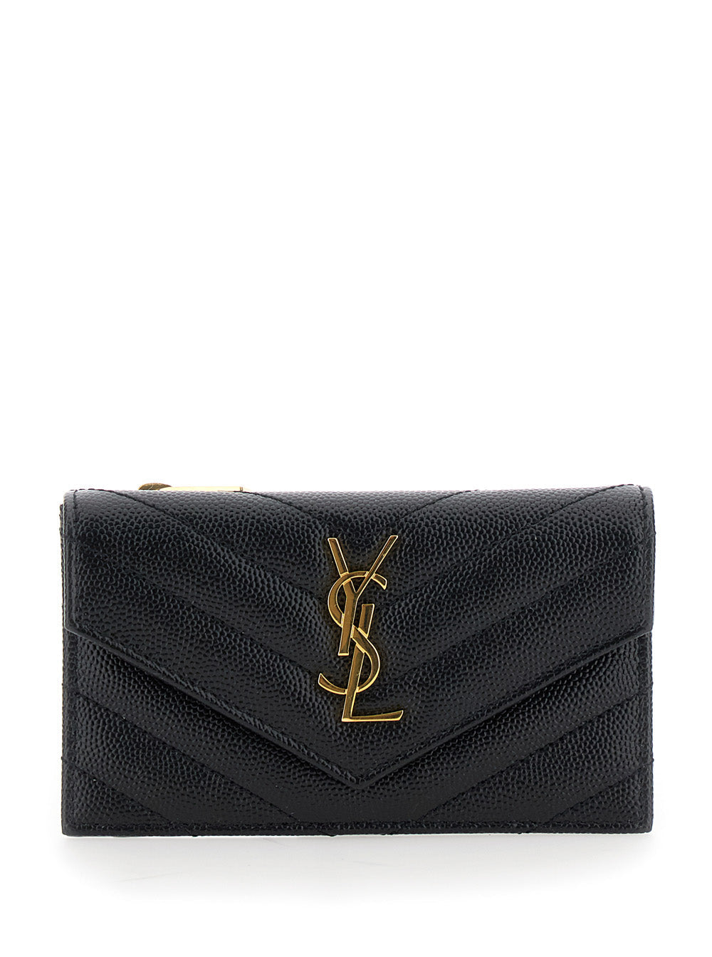 Saint Laurent Women 'Cassandre' Black Zip Card Case With Flap In Embossed Leather Woman