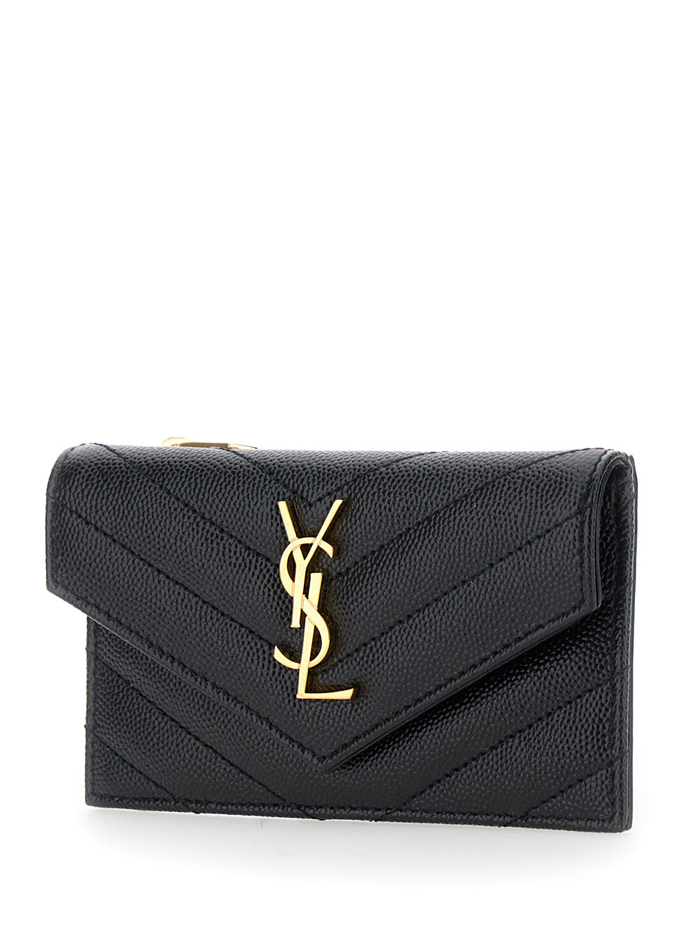 Saint Laurent Women 'Cassandre' Black Zip Card Case With Flap In Embossed Leather Woman