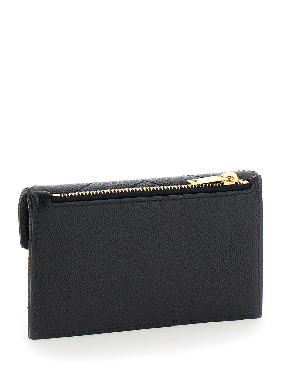 Saint Laurent Women 'Cassandre' Black Zip Card Case With Flap In Embossed Leather Woman