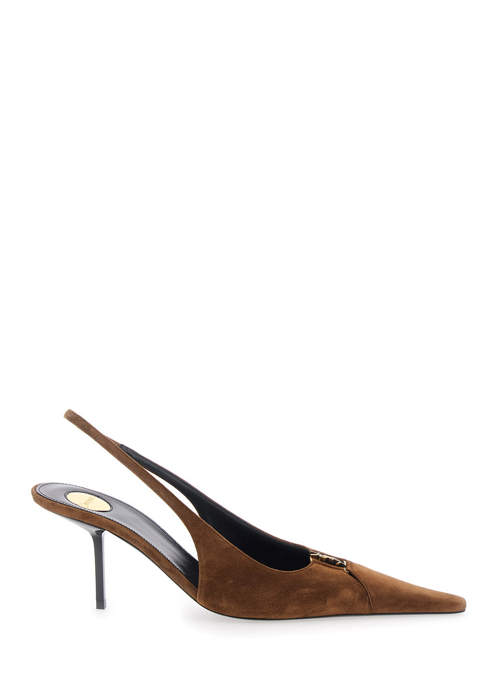 Saint Laurent Women 'Babylone' Brown Slingback Pumps With Pointed Toe And Cassandre Plate And High Stiletto Heel In Suede For Women