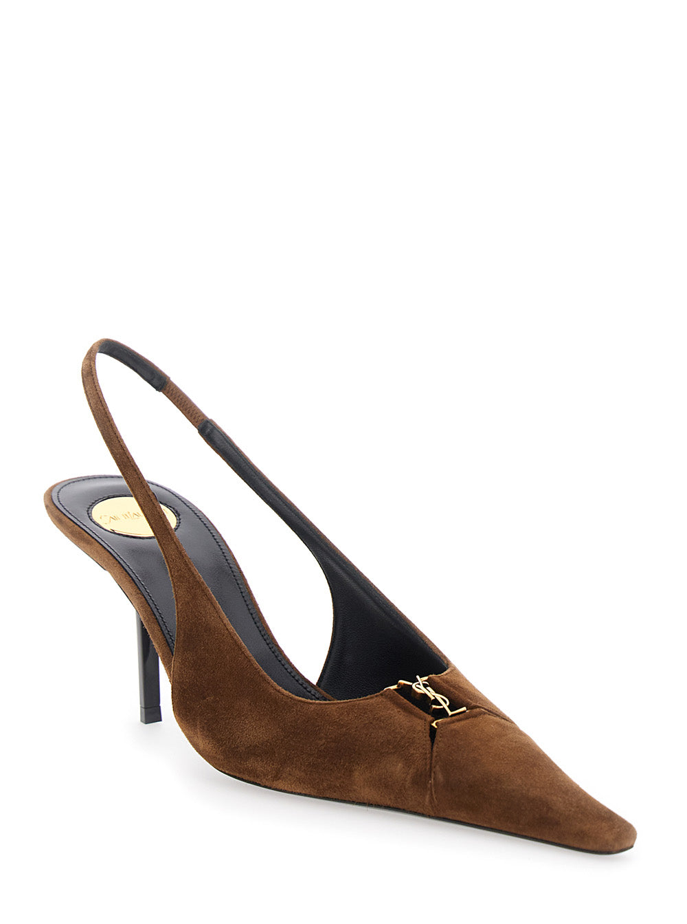 Saint Laurent Women 'Babylone' Brown Slingback Pumps With Pointed Toe And Cassandre Plate And High Stiletto Heel In Suede For Women