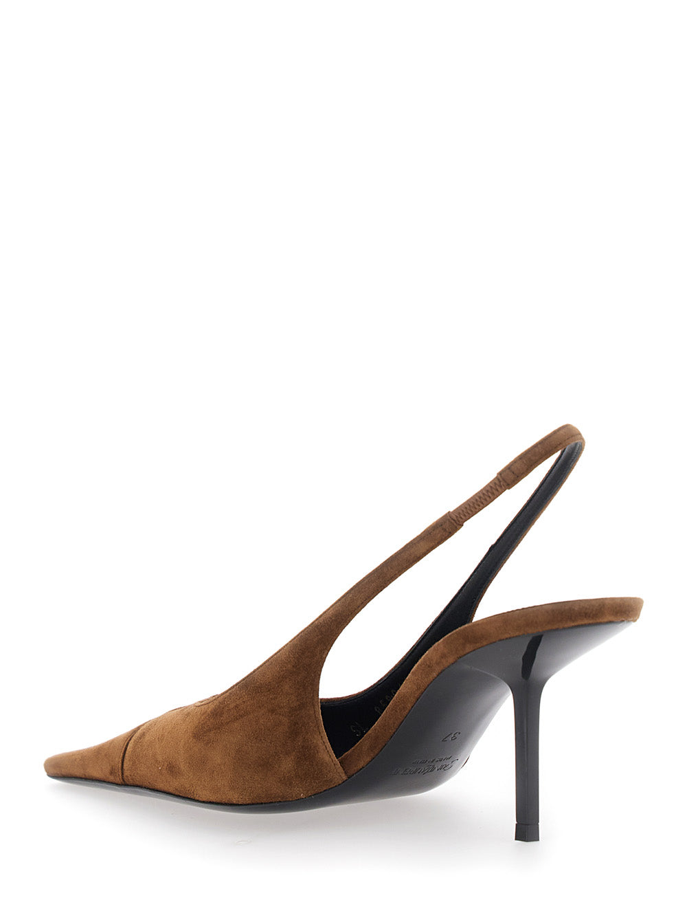 Saint Laurent Women 'Babylone' Brown Slingback Pumps With Pointed Toe And Cassandre Plate And High Stiletto Heel In Suede For Women