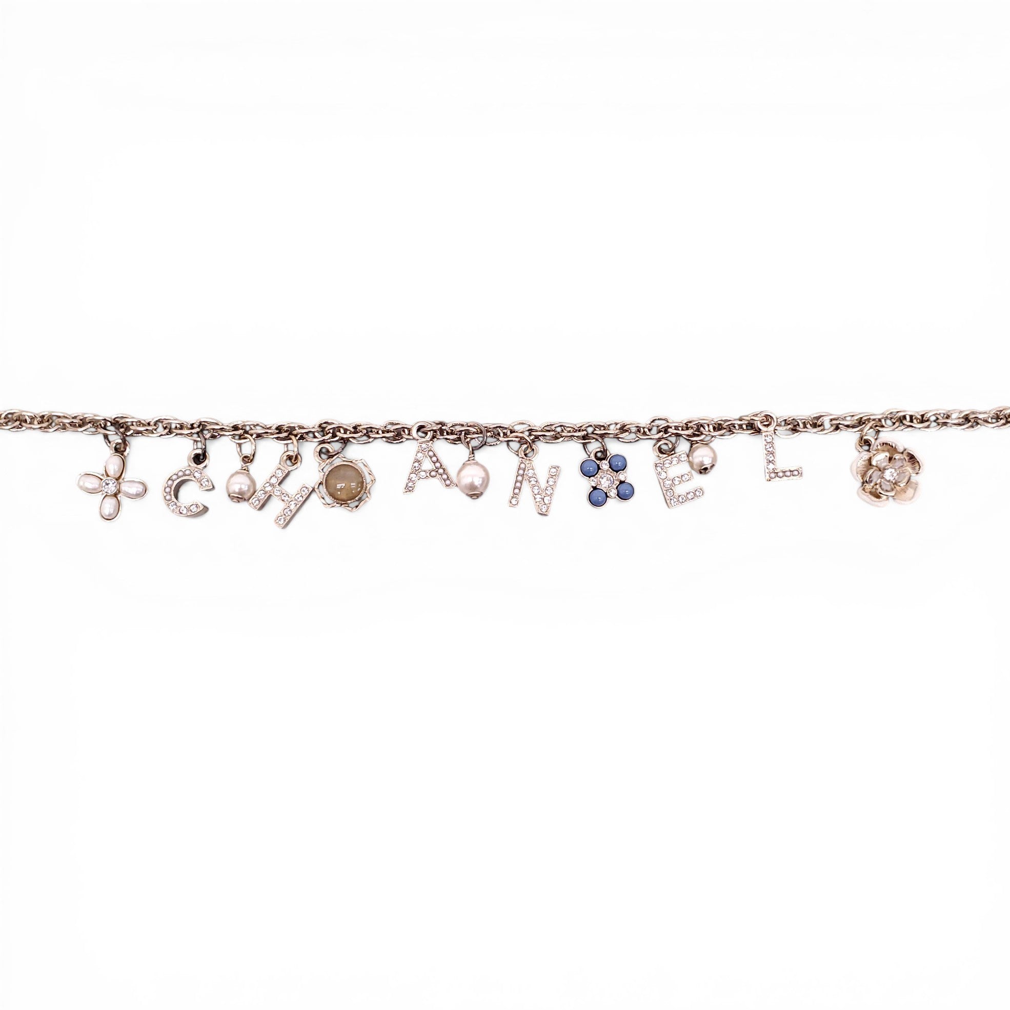 CHANEL GOLD LETTER CRYSTAL FLOWER CHAIN NECKLACE