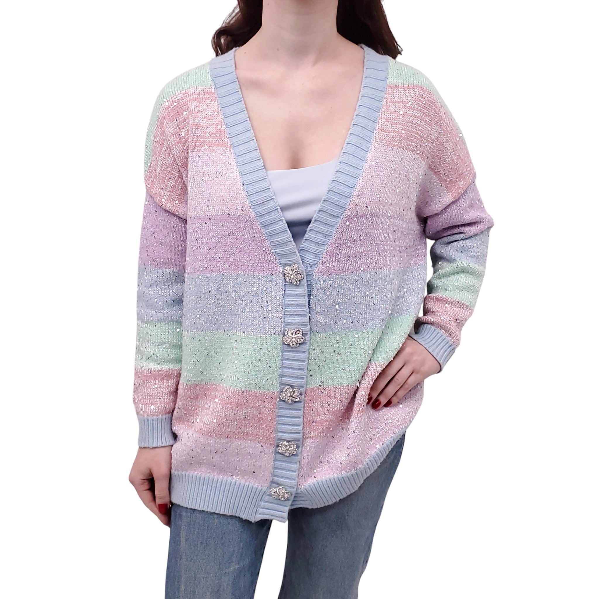 OLIVIA RUBIN RAINBOW SEQUIN CARDIGAN WITH CRYSTAL BUTTONS - SIZE S