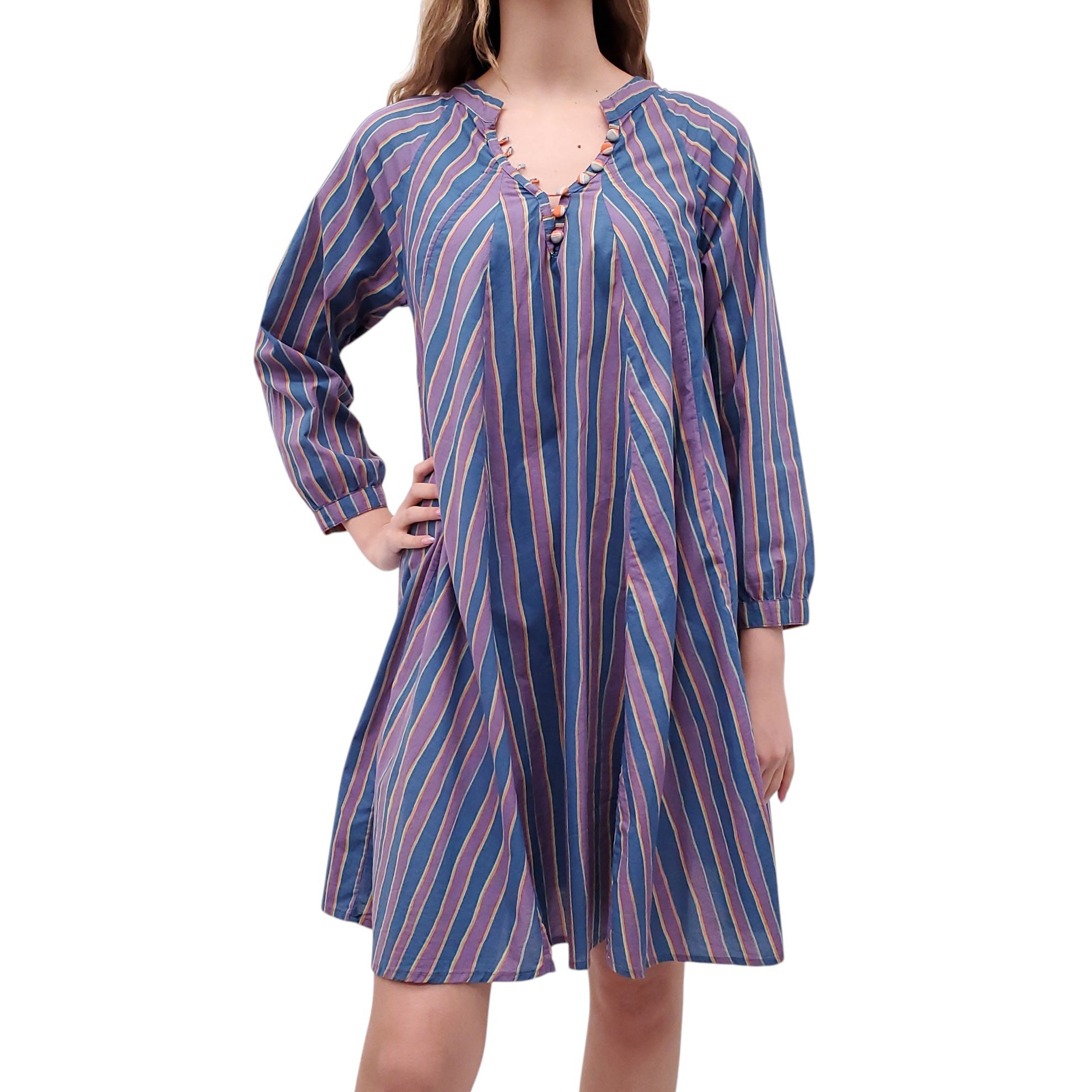 NATALIE MARTIN PURPLE AND BLUE STRIPED DRESS WITH BUTTONS - SIZE XS