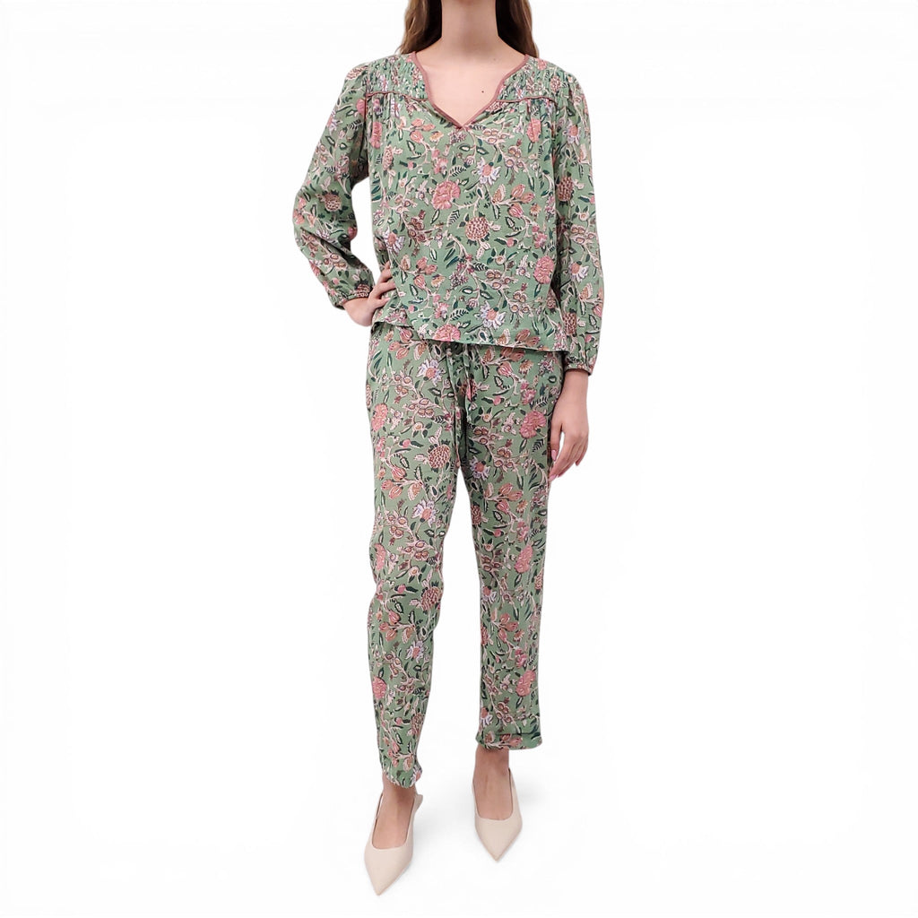 XIRENA GREEN FLORAL BLOUSE AND TROUSERS SET - SIZE XS/S