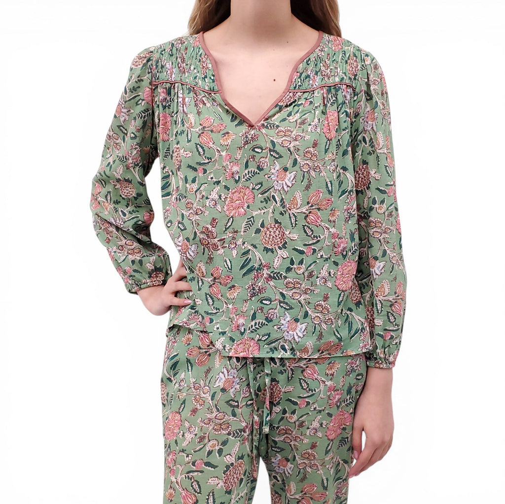 XIRENA GREEN FLORAL BLOUSE AND TROUSERS SET - SIZE XS/S
