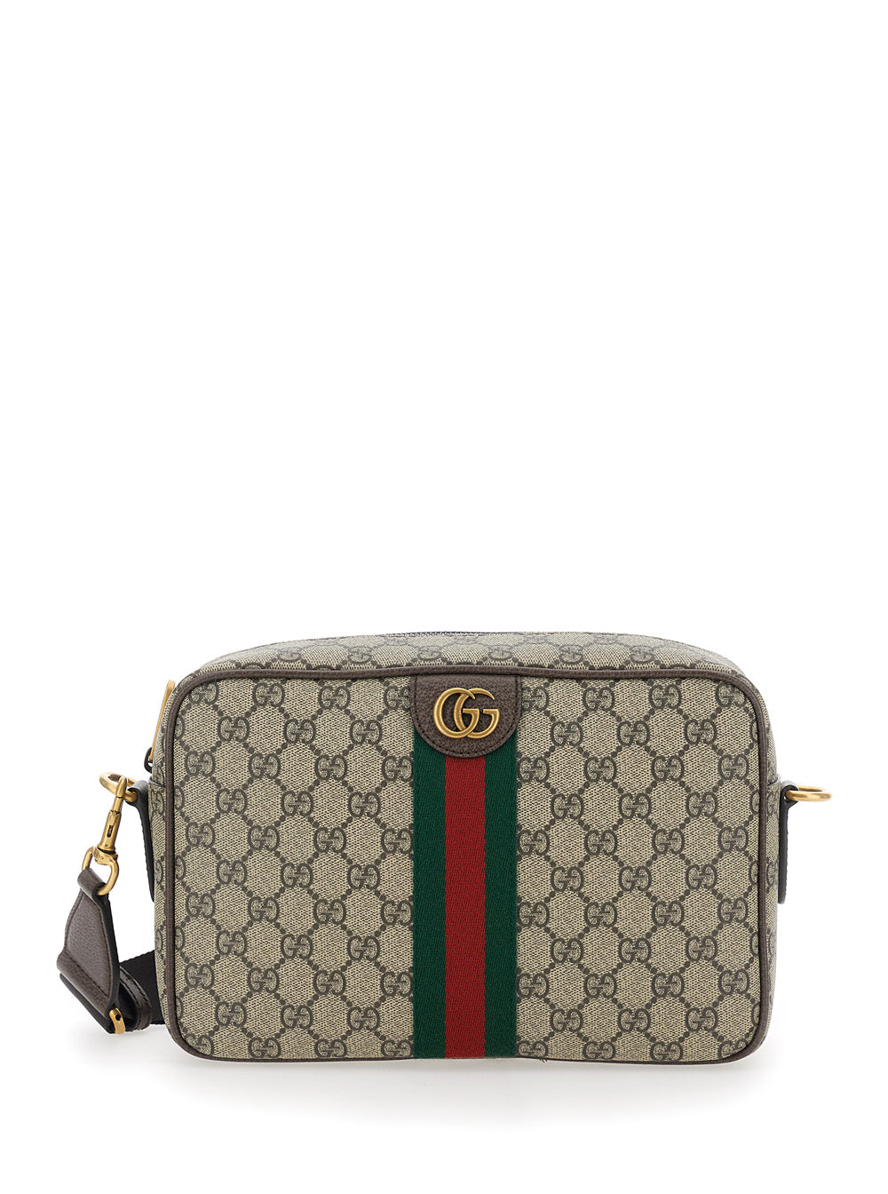 Gucci Men Crossbody Bag 'Ophidia' With Adjustable Strap And Gg Plaque With Web Detail On The Front In Gg Canvas Beige Men