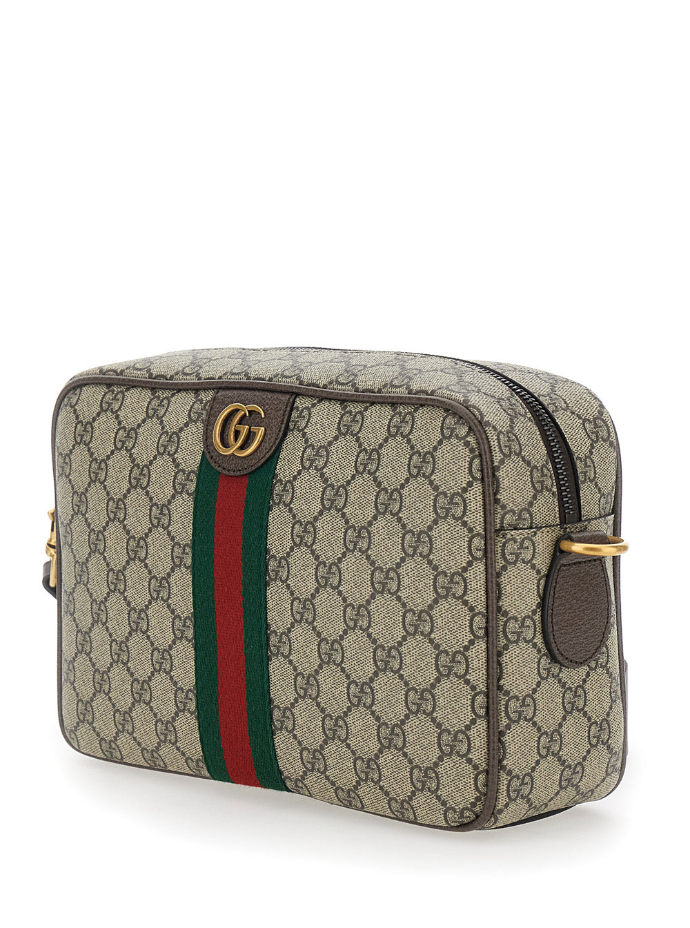 Gucci Men Crossbody Bag 'Ophidia' With Adjustable Strap And Gg Plaque With Web Detail On The Front In Gg Canvas Beige Men