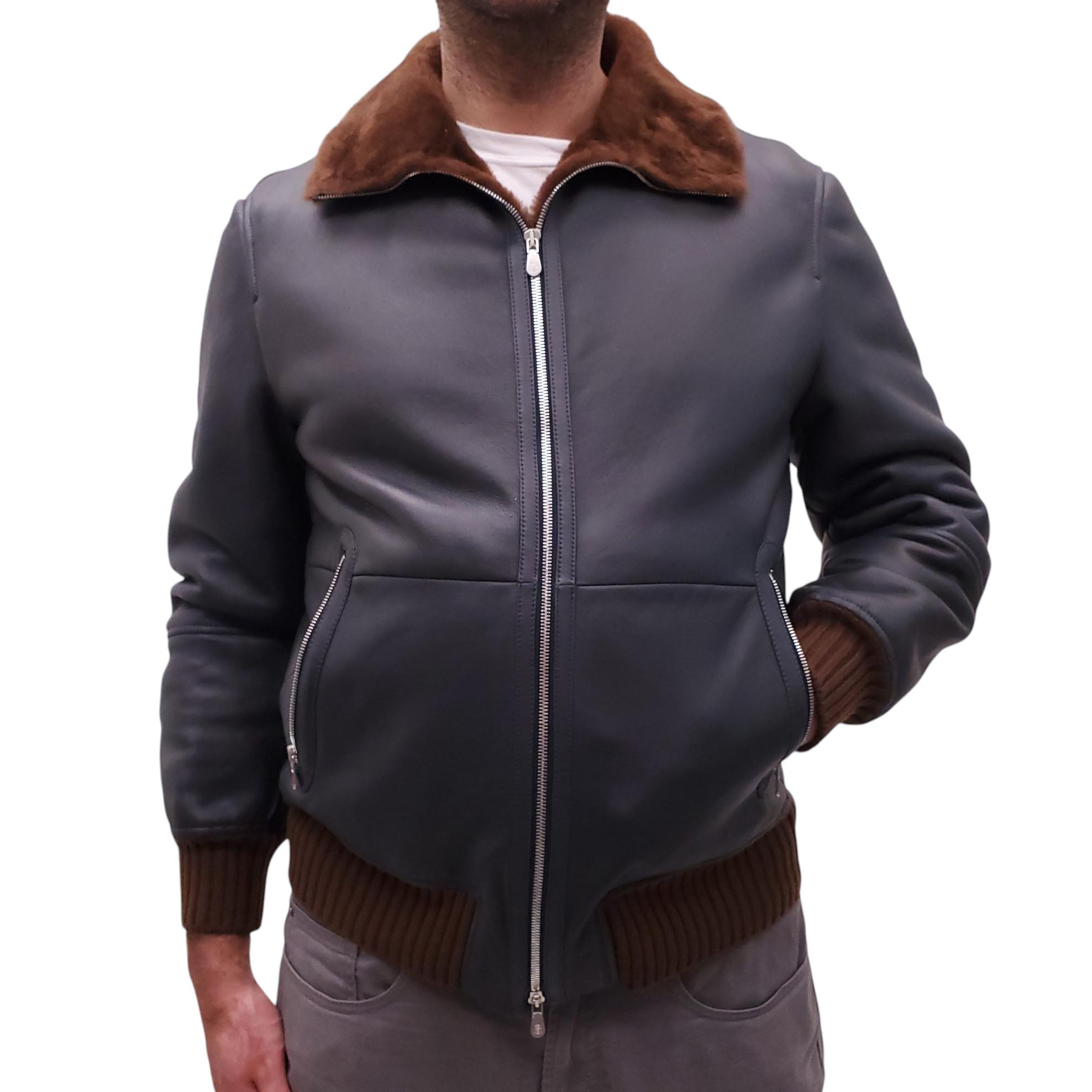B.C. NAVY LEATHER BOMBER JACKET WITH SHEARLING INTERIOR - MEN'S SIZE L