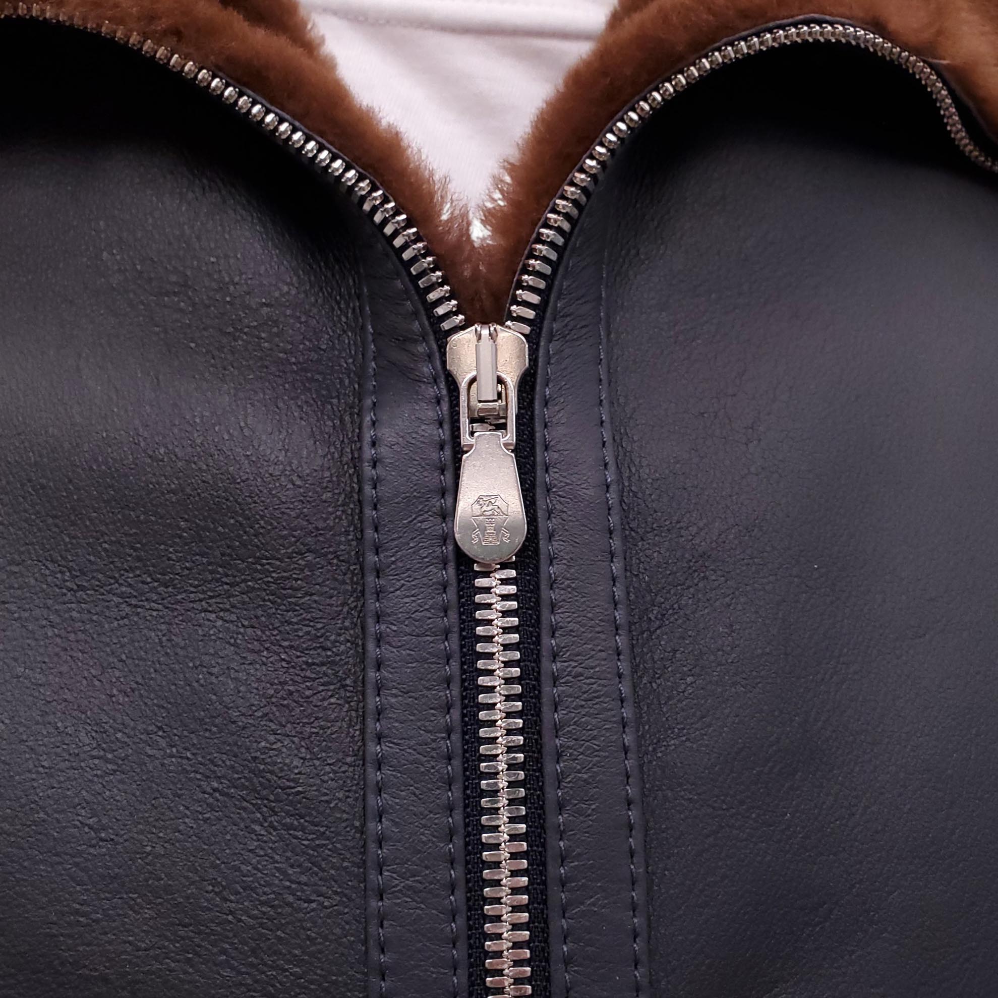 B.C. NAVY LEATHER BOMBER JACKET WITH SHEARLING INTERIOR - MEN'S SIZE L