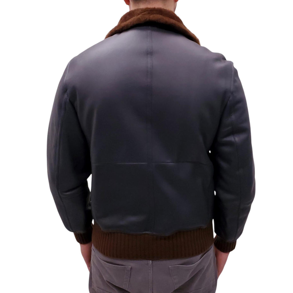 B.C. NAVY LEATHER BOMBER JACKET WITH SHEARLING INTERIOR - MEN'S SIZE L