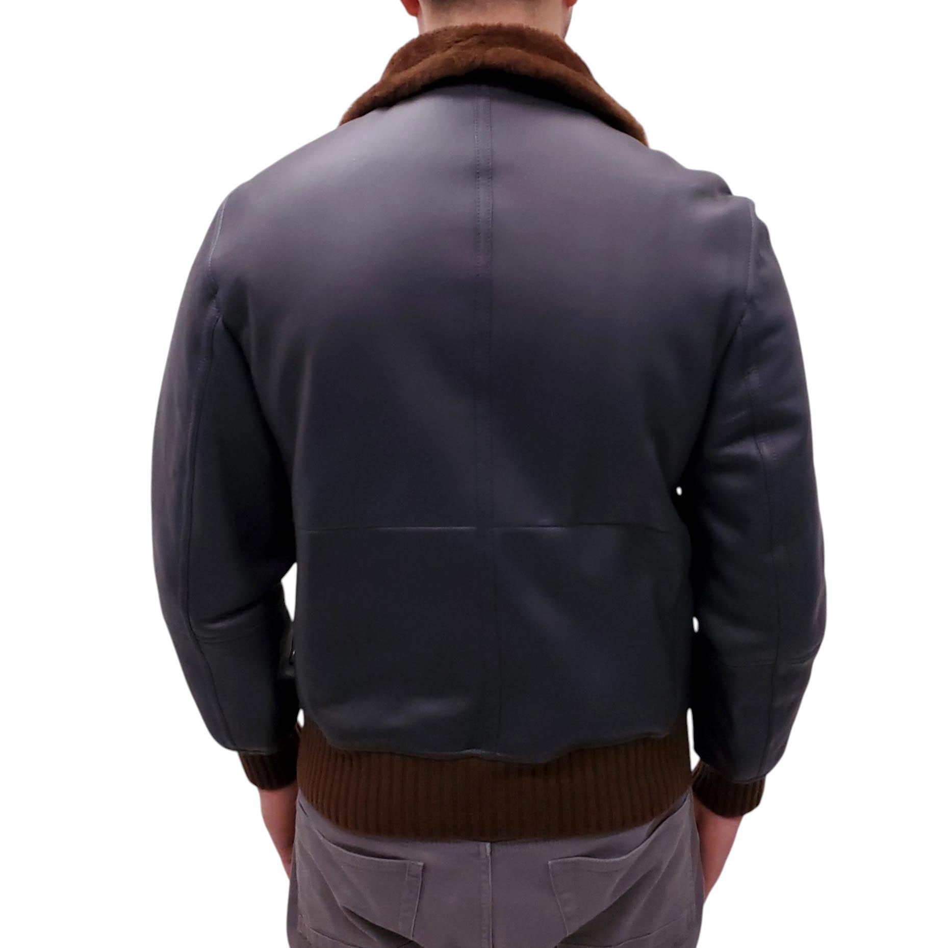 B.C. NAVY LEATHER BOMBER JACKET WITH SHEARLING INTERIOR - MEN'S SIZE L