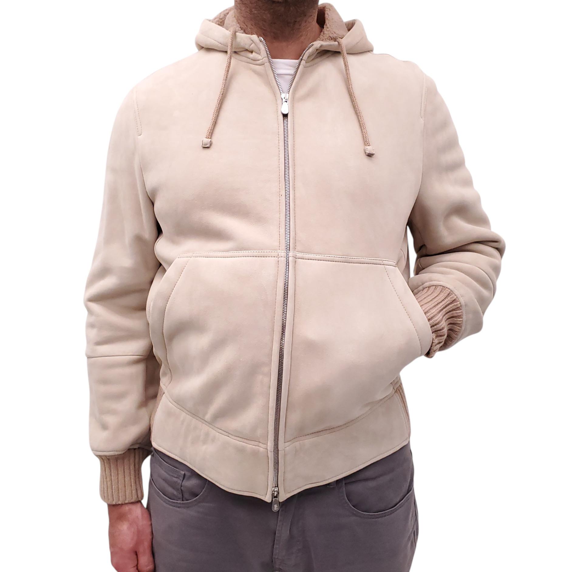 B.C. CREAM SUEDE HOODED BOMBER JACKET WITH SHEARLING INTERIOR - MEN'S SIZE L