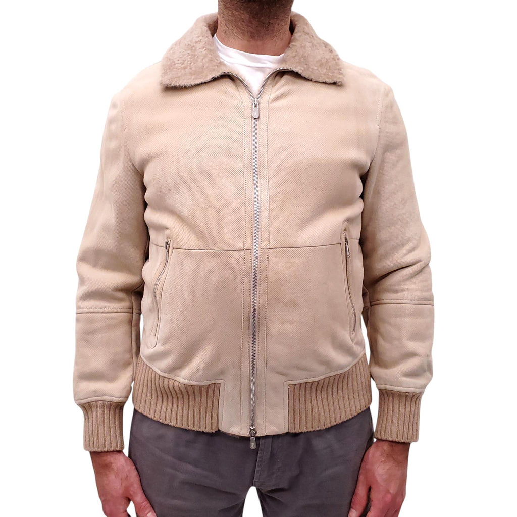 B.C. CREAM SHEARLING LINED PERFORATED SUEDE BOMBER JACKET - MEN'S SIZE M
