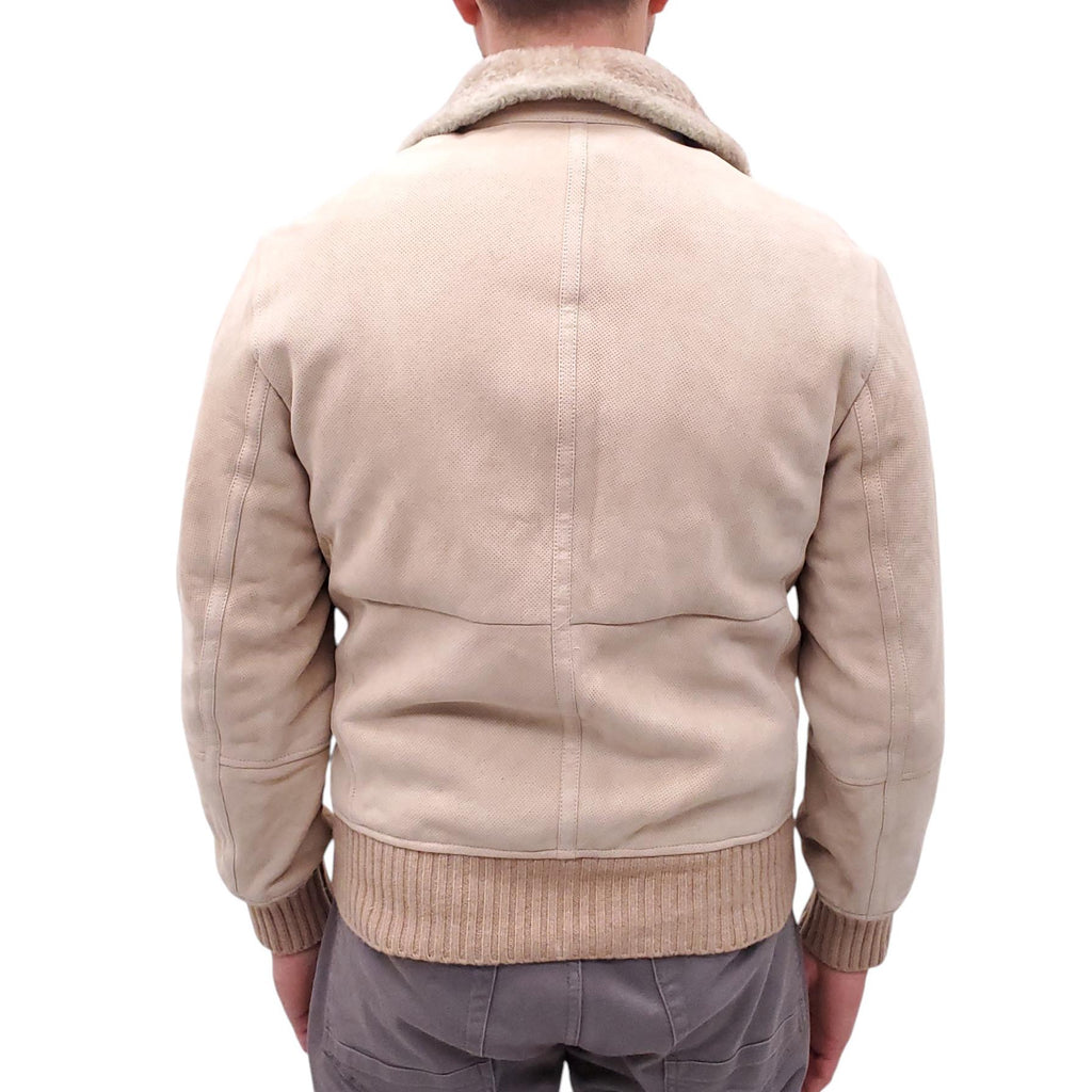 B.C. CREAM SHEARLING LINED PERFORATED SUEDE BOMBER JACKET - MEN'S SIZE M