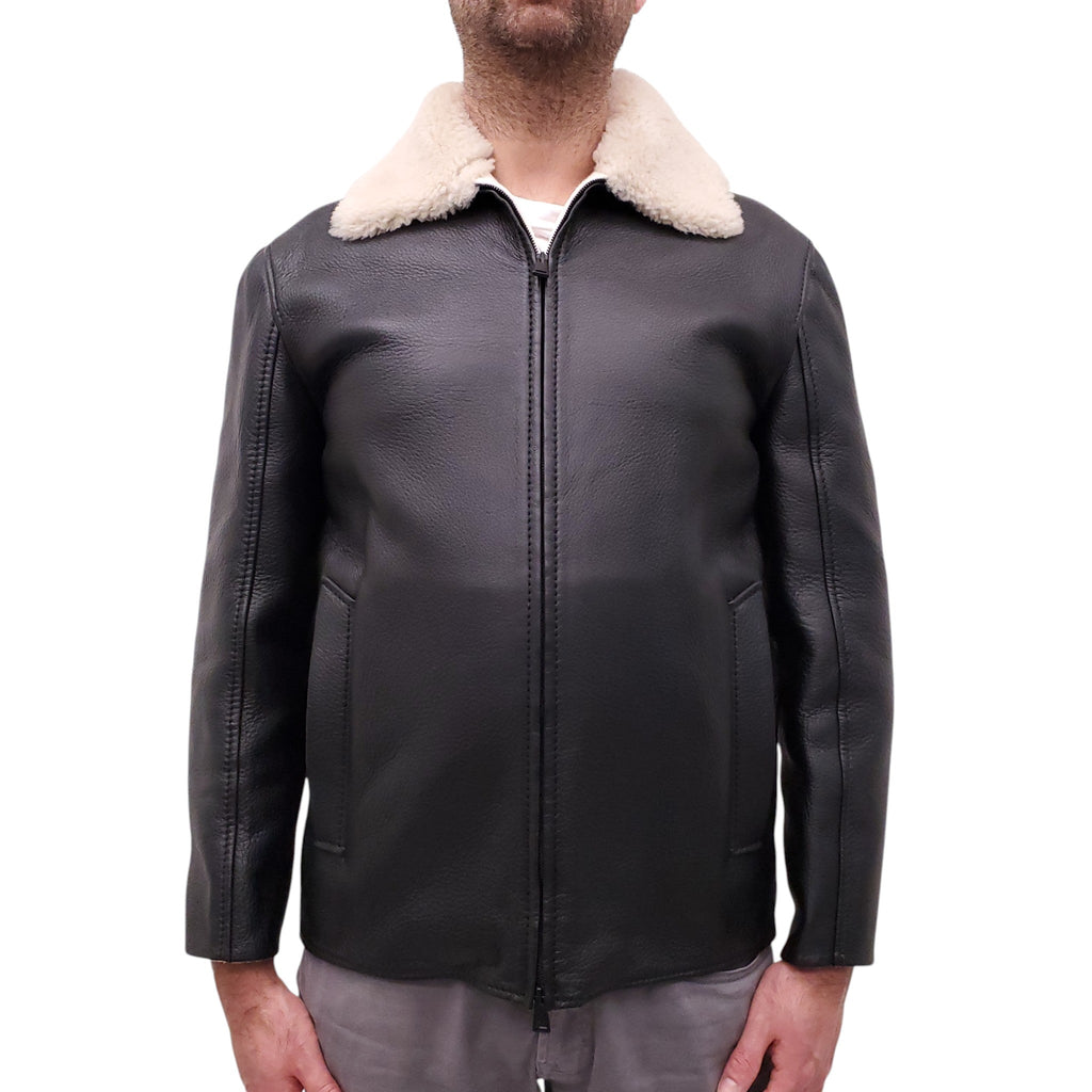 FENDI LEATHER BOMBER JACKET WITH SHEARLING COLLAR AND CASHMERE INTERIOR - MEN'S SIZE 48
