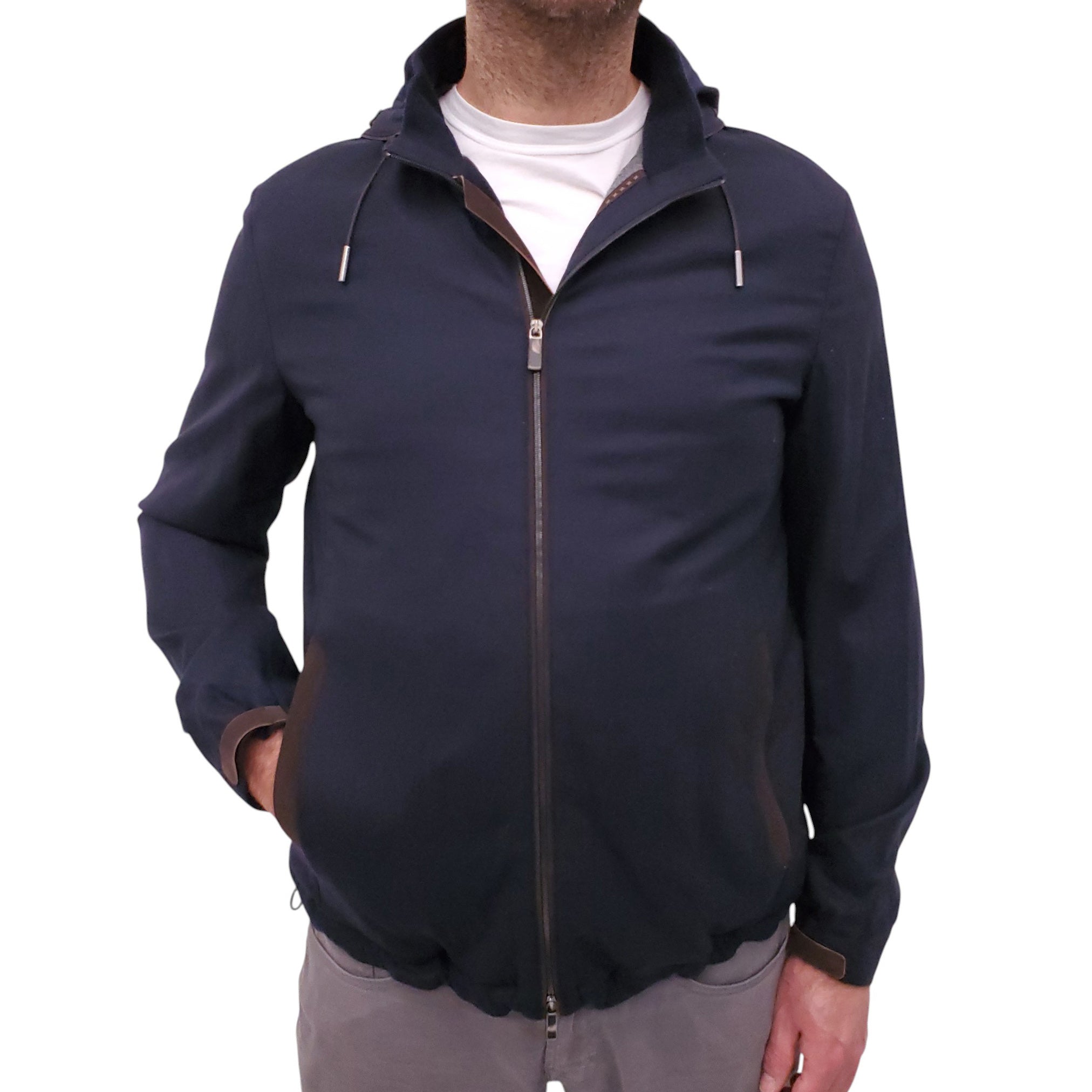 ZEGNA 12MILMIL12 NAVY WOOL HOODED JACKET WITH BROWN LEATHER DETAILS - MEN'S SIZE 52