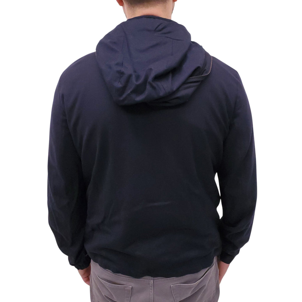 ZEGNA 12MILMIL12 NAVY WOOL HOODED JACKET WITH BROWN LEATHER DETAILS - MEN'S SIZE 52