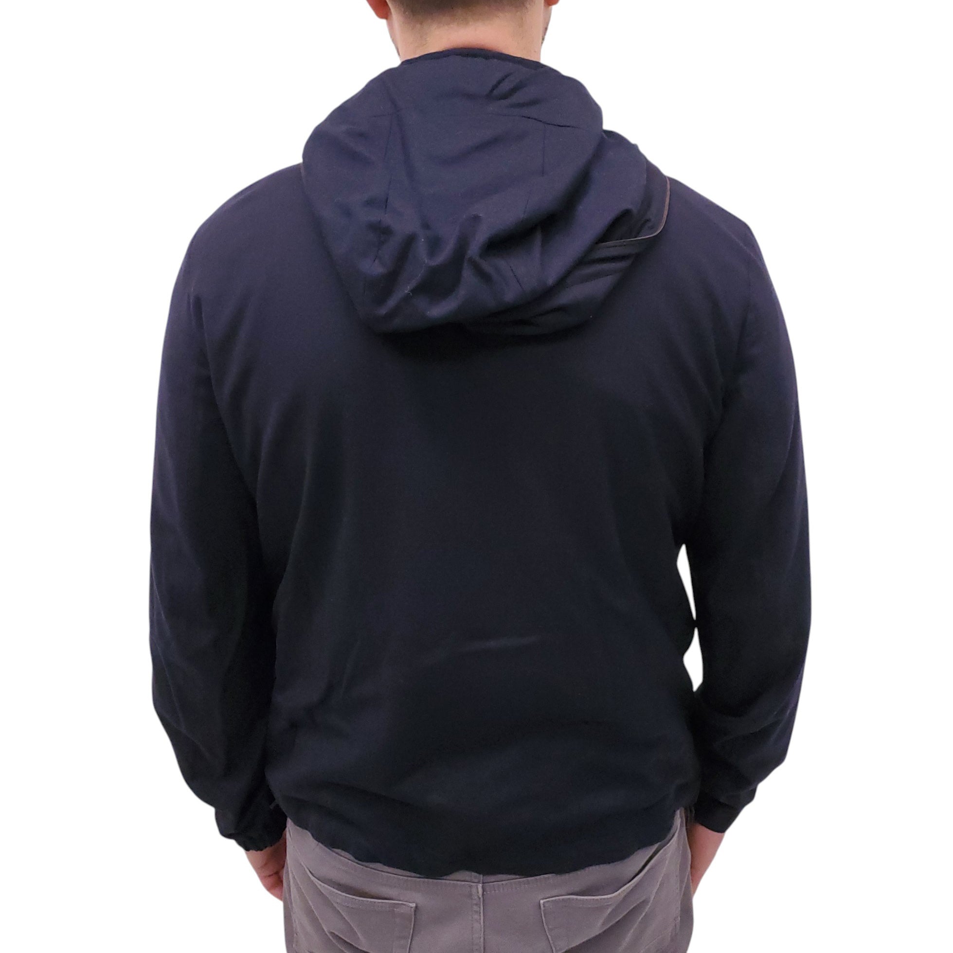 ZEGNA 12MILMIL12 NAVY WOOL HOODED JACKET WITH BROWN LEATHER DETAILS - MEN'S SIZE 52