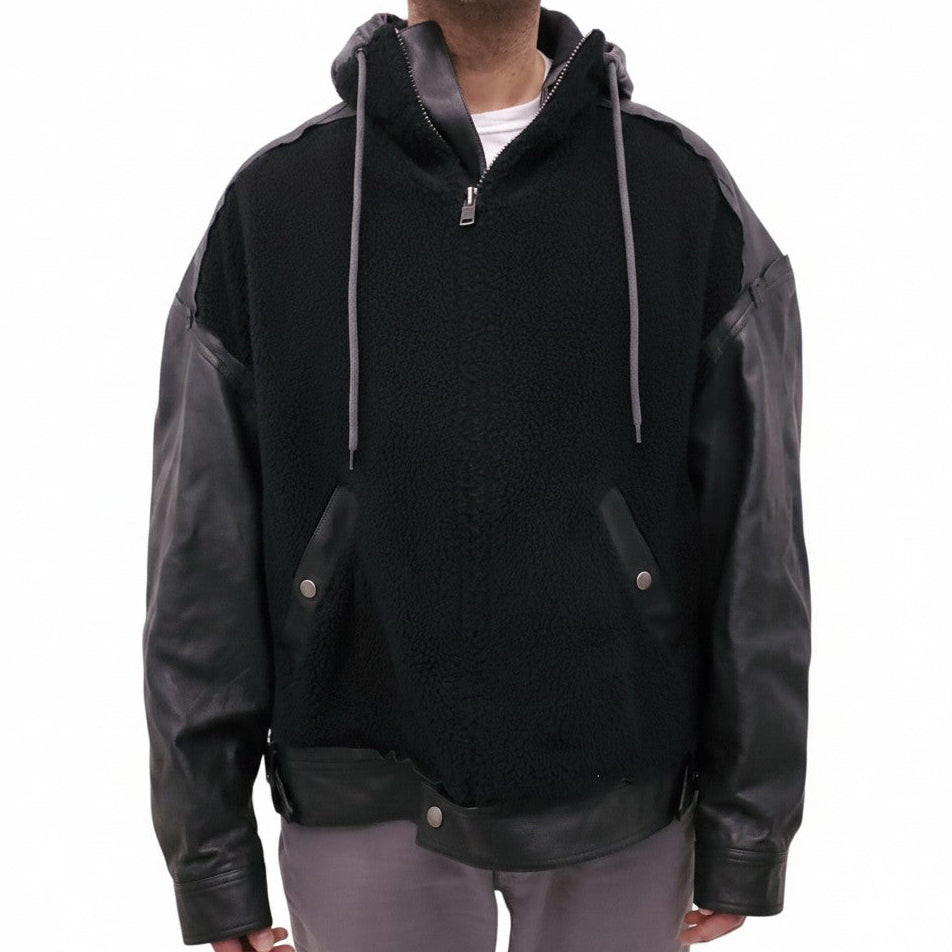 BALENCIAGA BLACK LEATHER & SHEARLING HOODED OVERSIZED JACKET - MEN'S SIZE M