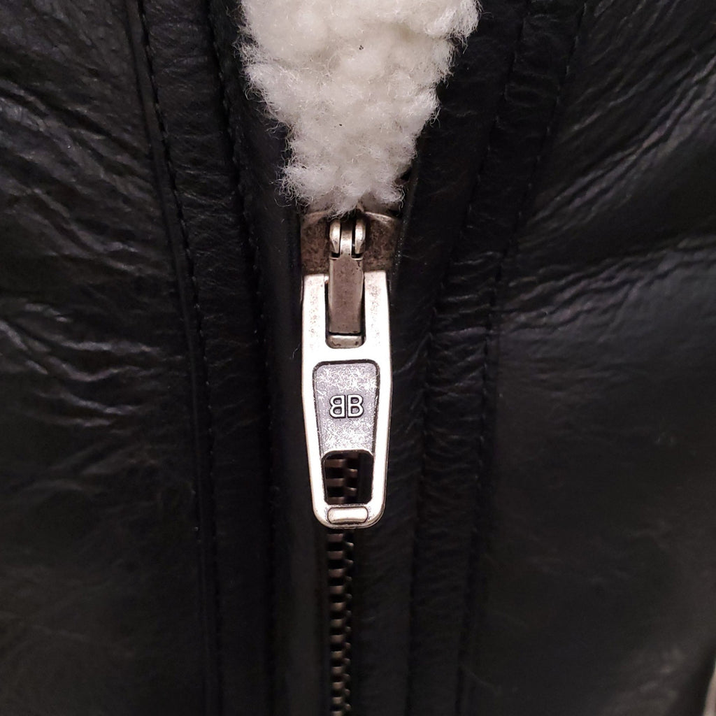 BALENCIAGA LEATHER AND MULTICOLOUR SHEARLING LOGO JACKET - MEN'S SIZE 48