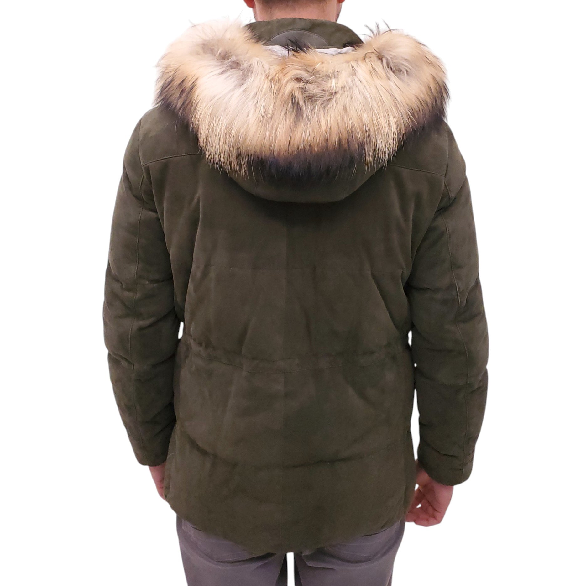 KITON OLIVE GREEN SUEDE AND CASHMERE JACKET WITH FUR HOOD - MEN'S SIZE 52