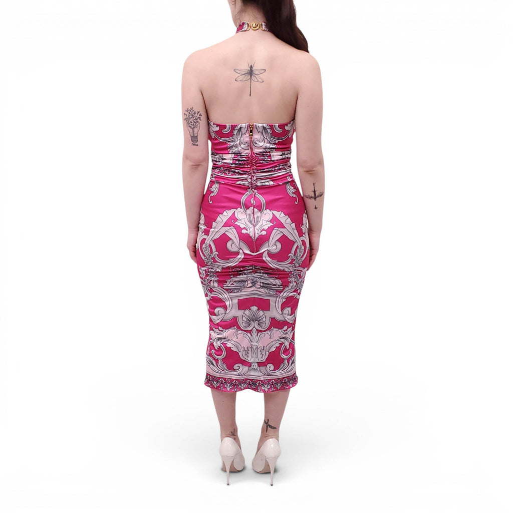 VERSACE PINK BAROCCO PRINT CUTOUT MIDI DRESS - SIZE 40
