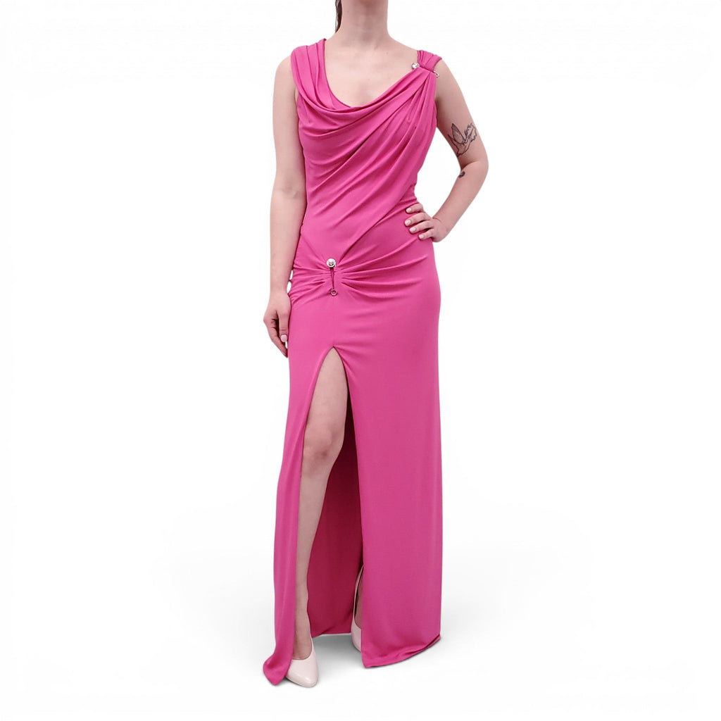 VERSACE PINK EMBELLISHED MEDUSA PIN DRAPED GOWN - SIZE 46